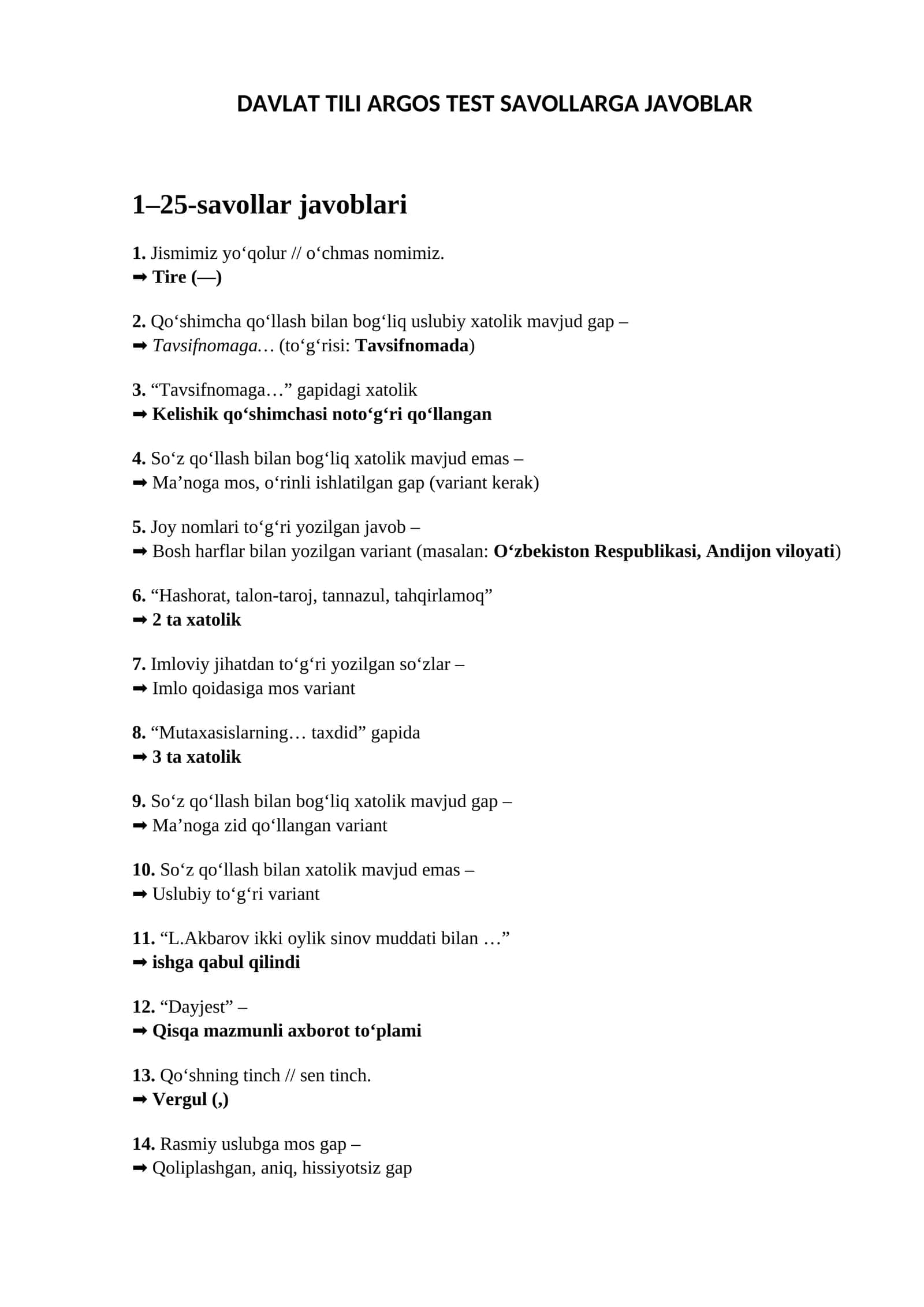 DAVLAT TILI ARGOS TEST SAVOLLARGA JAVOBLAR 1