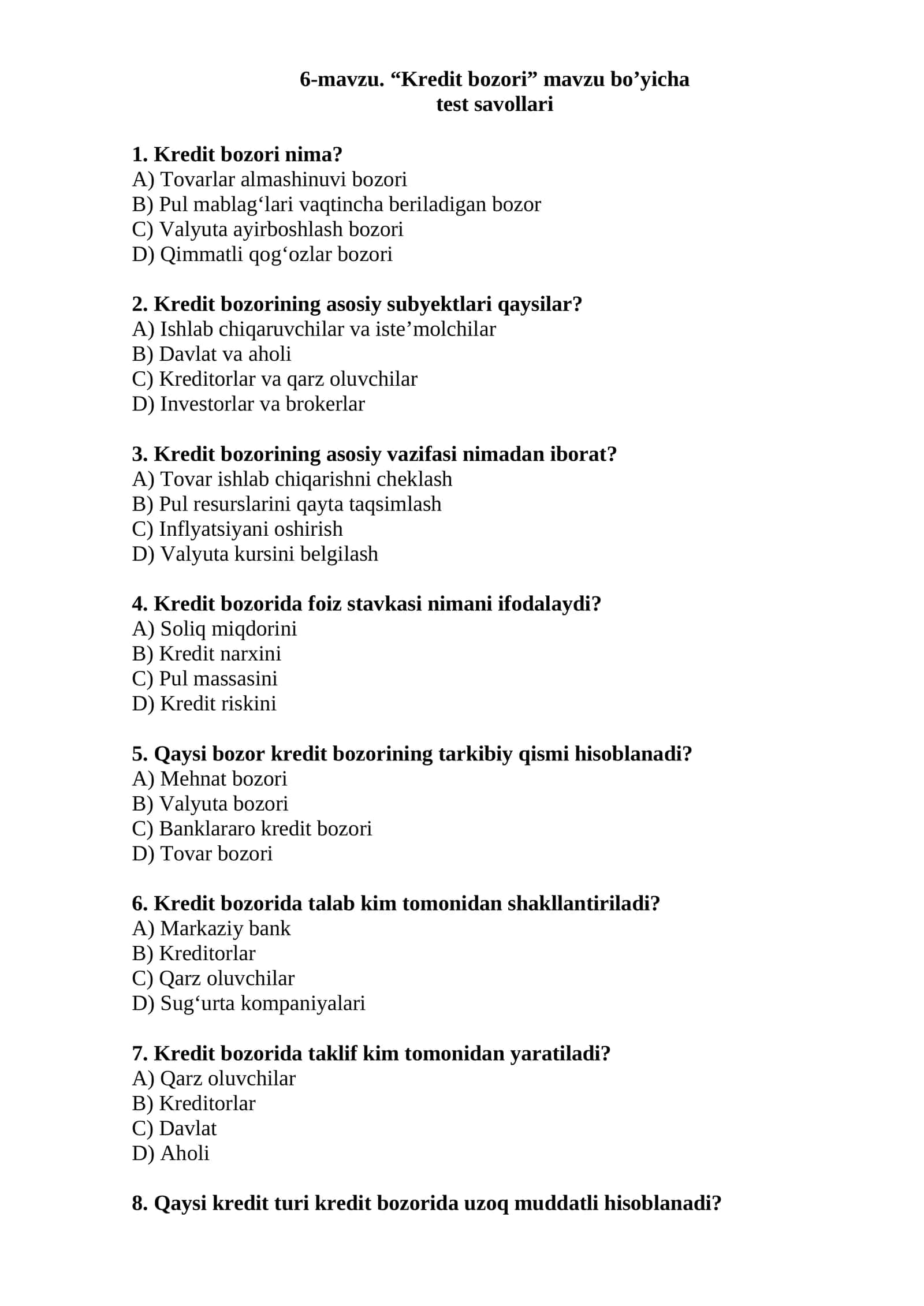 Kredit bozori test savollari 1