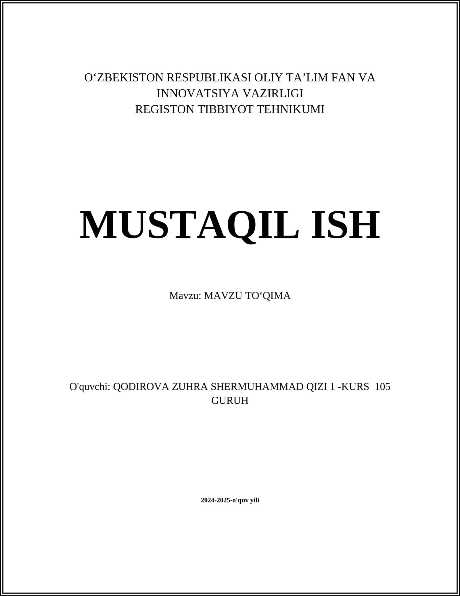MUSTAQIL ISH Mavzu: MAVZU TOʻQIMA 1
