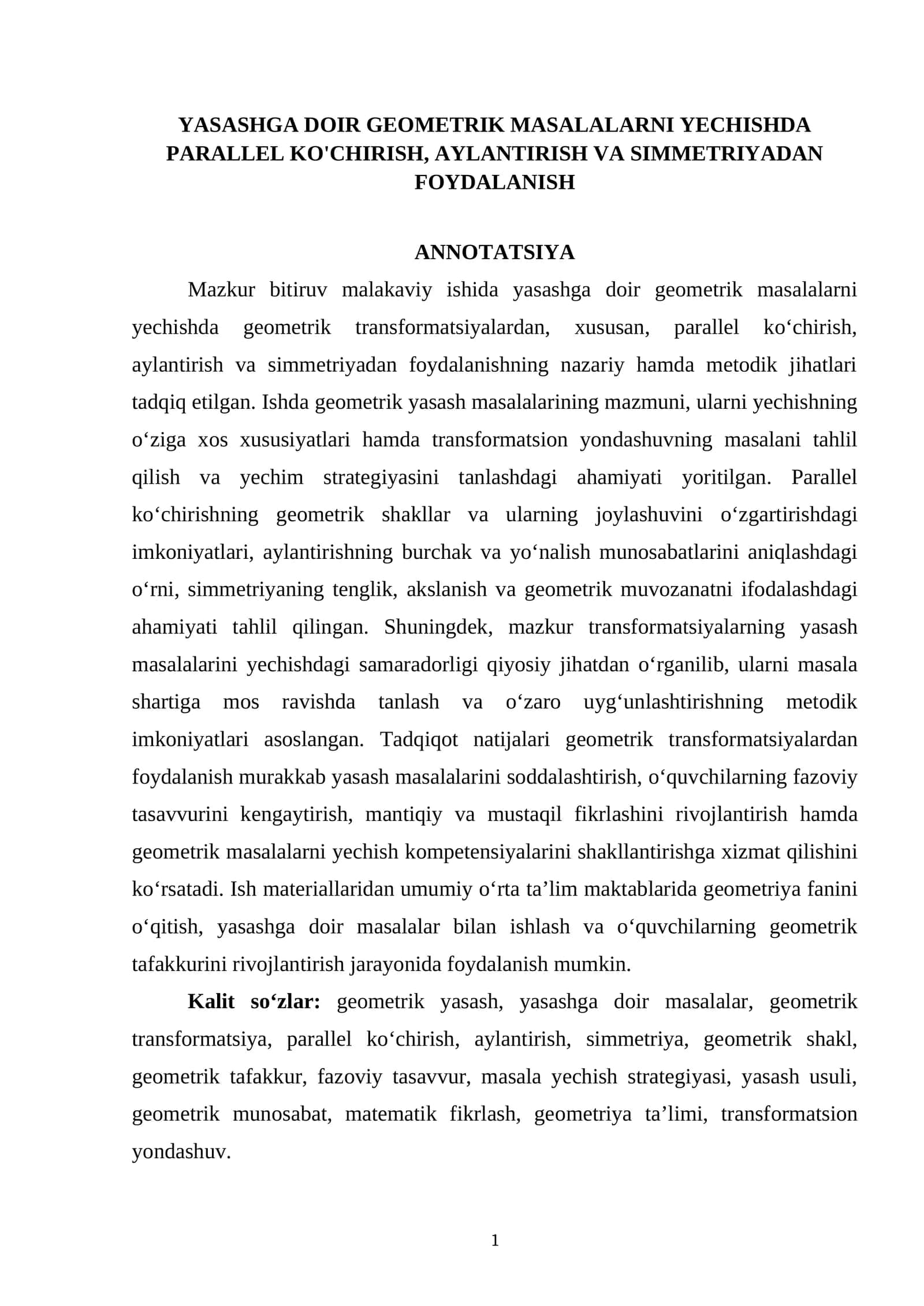YАSАSHGА DОIR GЕОMЕTRIK MАSАLАLАRNI YЕCHISHDА РАRАLLЕL KО'CHIRISH, АYLАNTIRISH VА SIMMЕTRIYАDАN FОYDАLАNISH 1