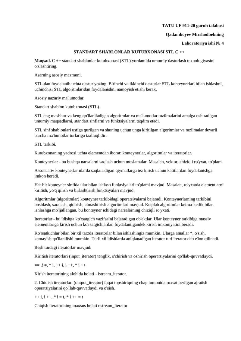 STANDART SHABLONLAR KUTUBXONASI STL C ++ 1