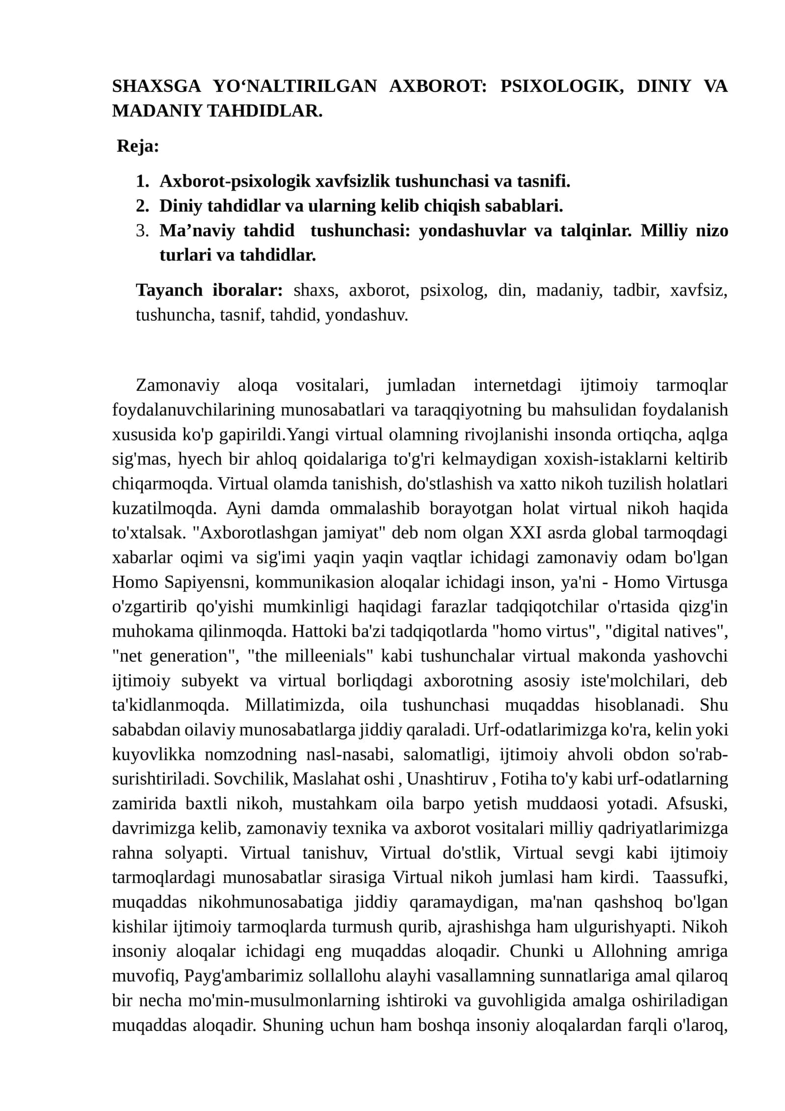 SHAXSGA YO‘NALTIRILGAN AXBOROT: PSIXOLOGIK, DINIY VA MADANIY TAHDIDLAR 1