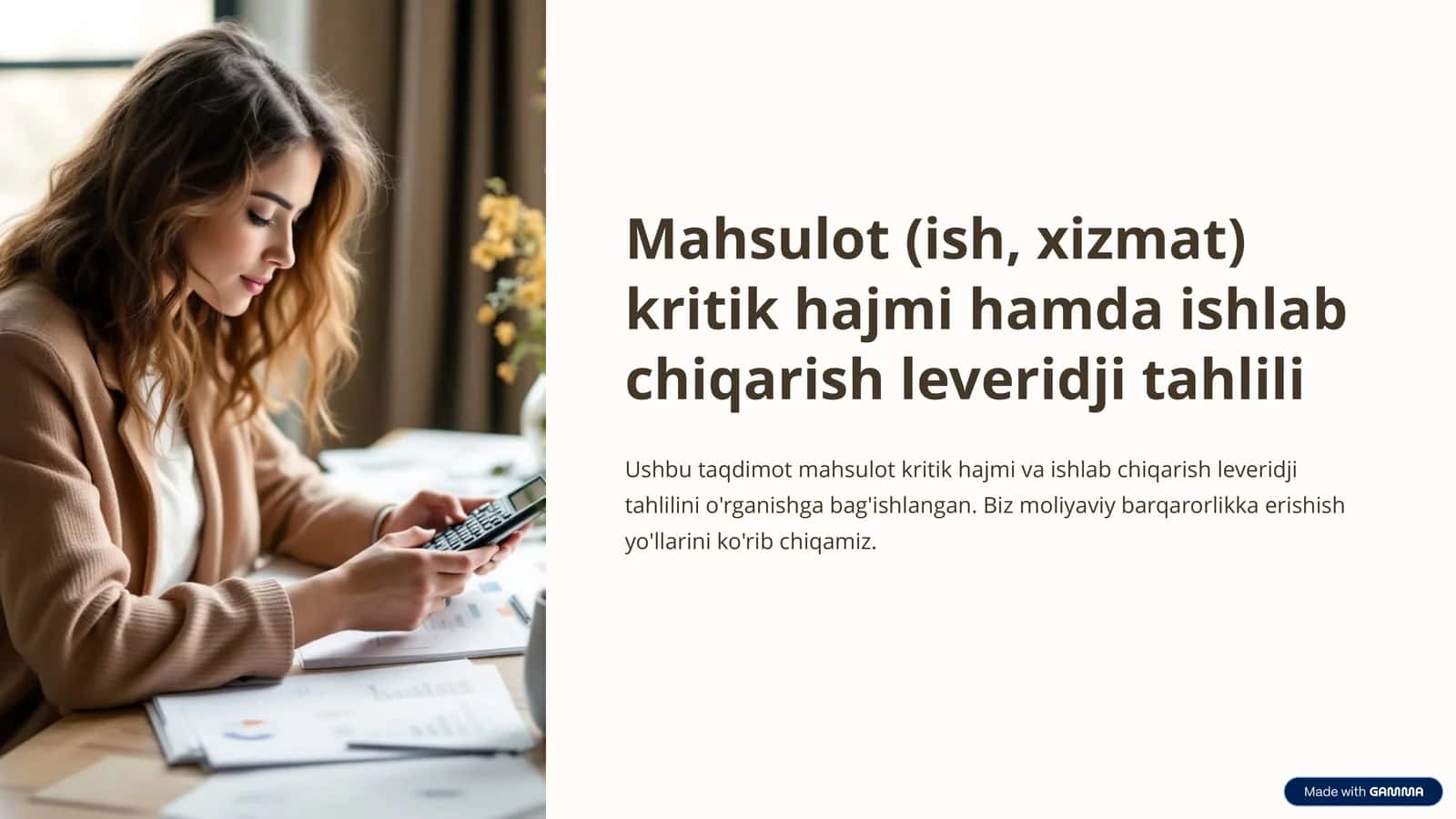 Mahsulot kritik hajmi va ishlab chiqarish leveridji tahlili PPT | Iqtisodiy tahlil prezentatsiya 1