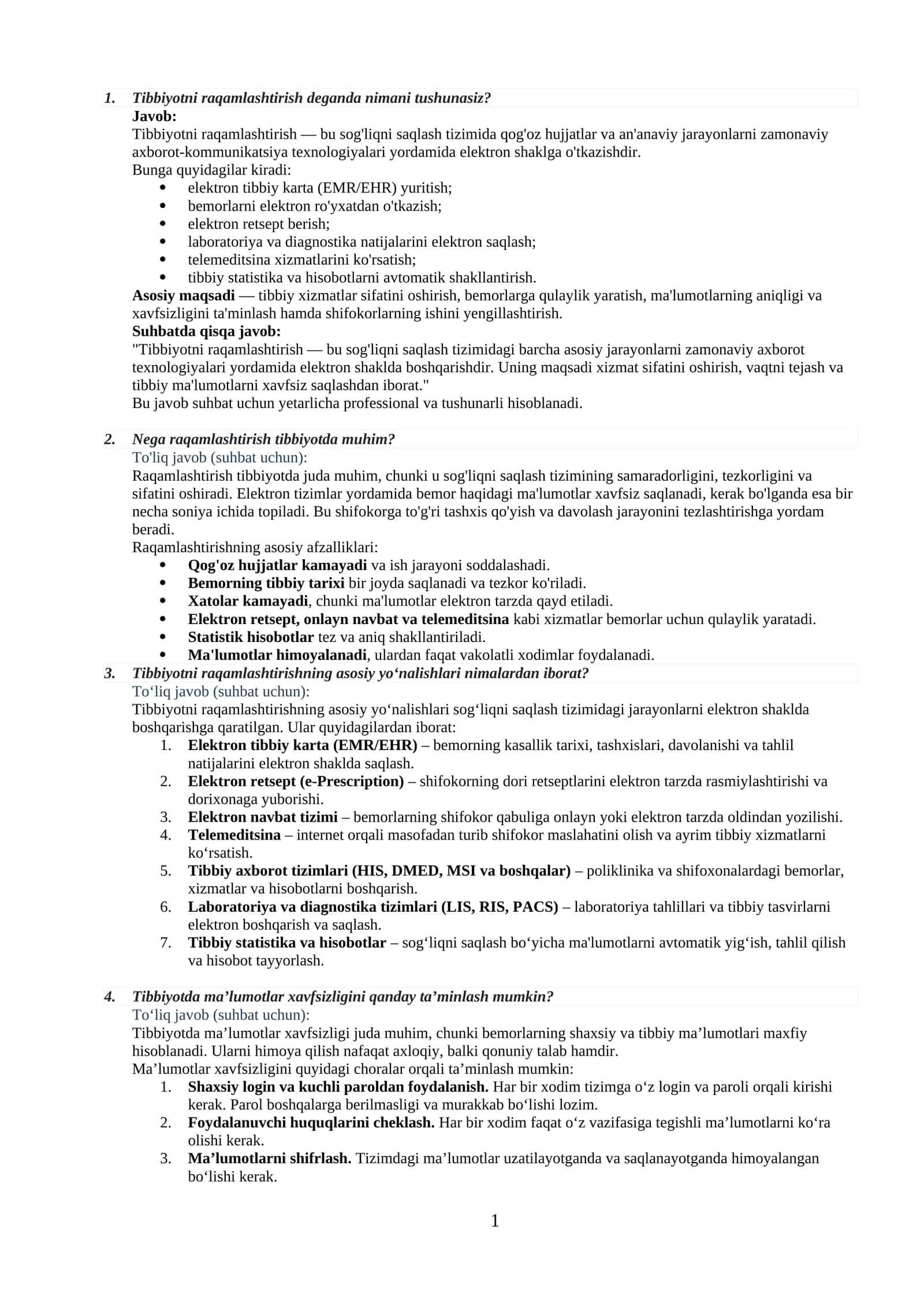 Raqamli sog'liqni saqlashga ishga kiruvchilar uchun 1