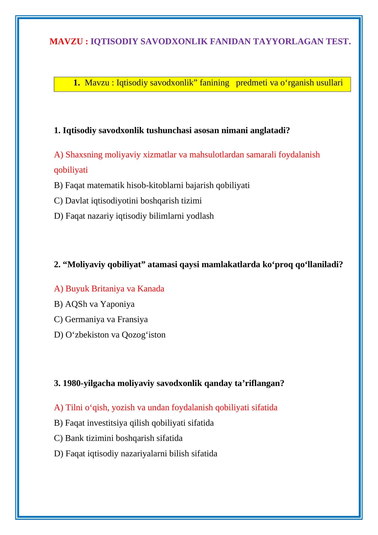 IQTISODIY SAVODXONLIK FANIDAN TAYYORLAGAN TEST. JAVOBLARI BILAN 1