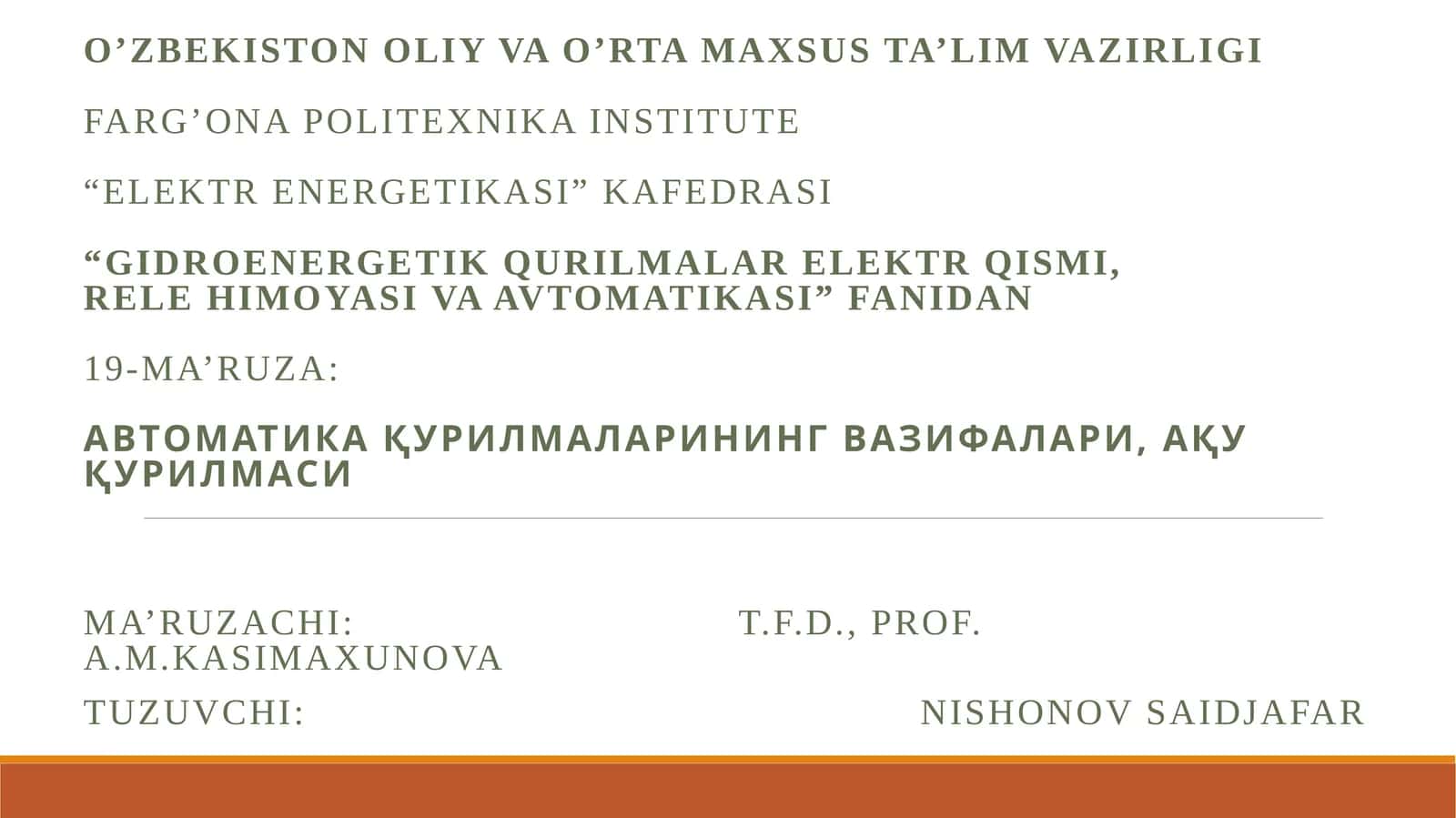 "Gidroenergetik qurilmalari elektr qismi, relehimoya va avtomatikasi" 1