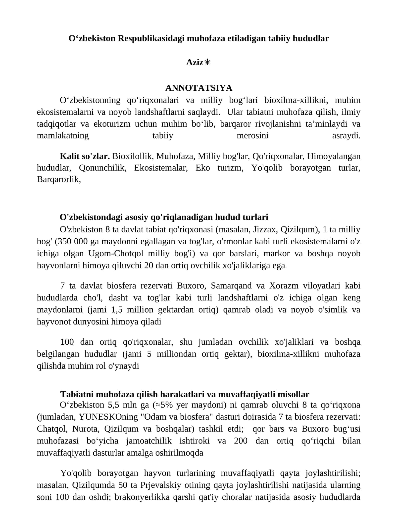 O‘zbekiston Respublikasidagi muhofaza etiladigan tabiiy hududlar 1