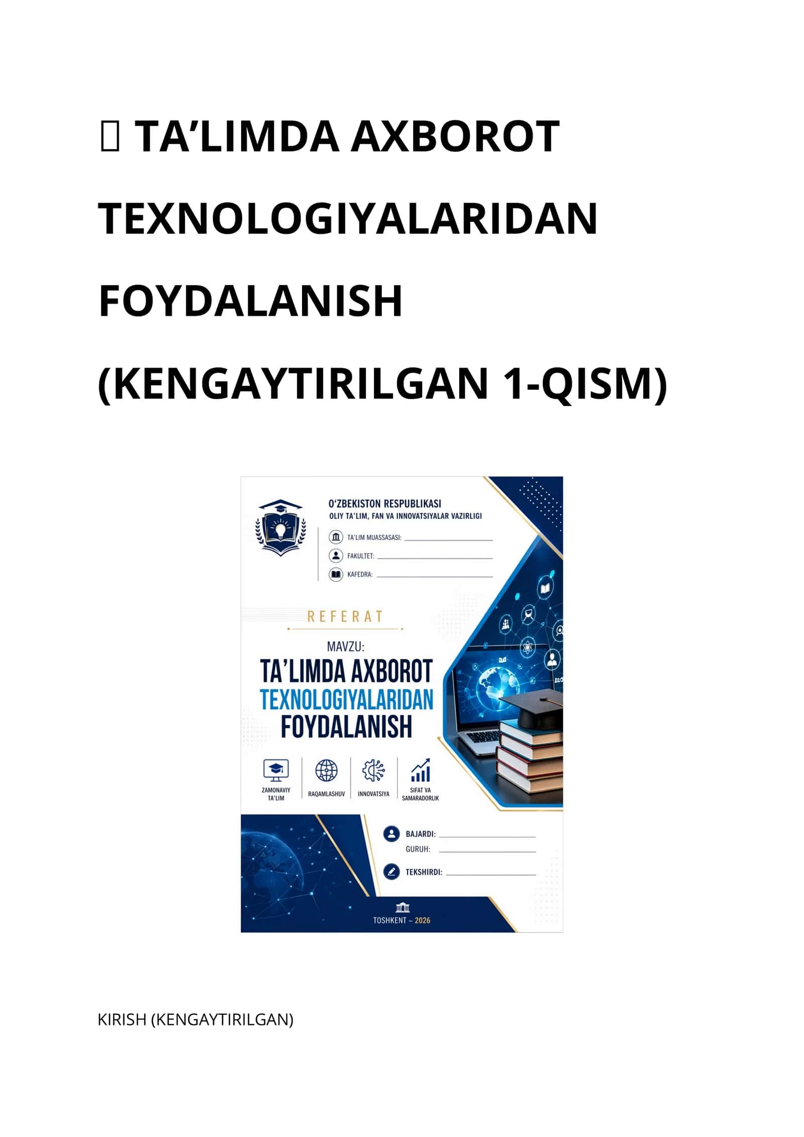 TA’LIMDA AXBOROT TEXNOLOGIYALARIDAN FOYDALANISH 1