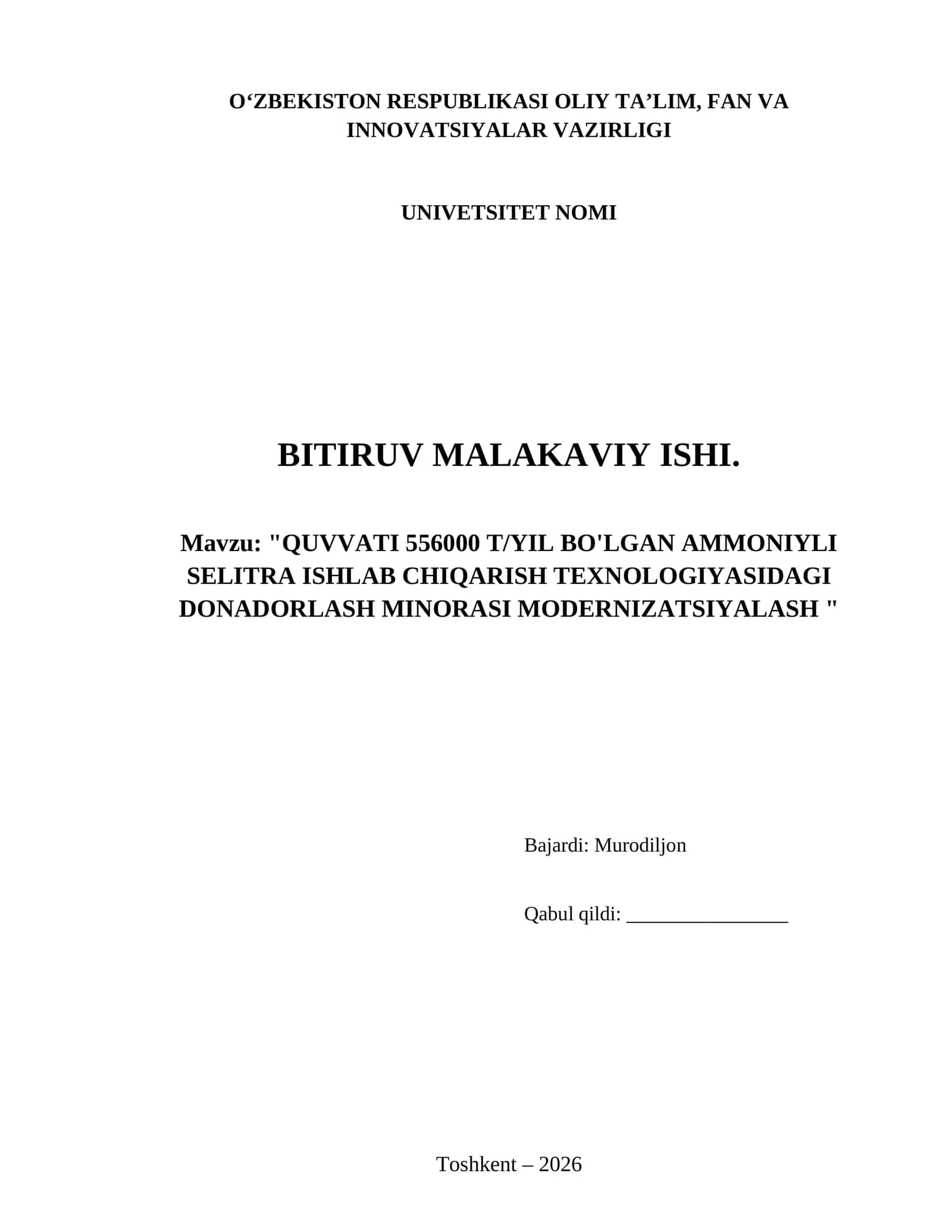 QUVVATI 556000 T/YIL BO'LGAN AMMONIYLI SELITRA ISHLAB CHIQARISH TEXNOLOGIYASIDAGI DONADORLASH MINOR 1