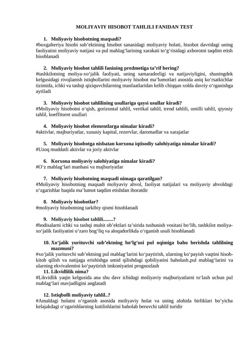 Moliyaviy taxlil testlar 1
