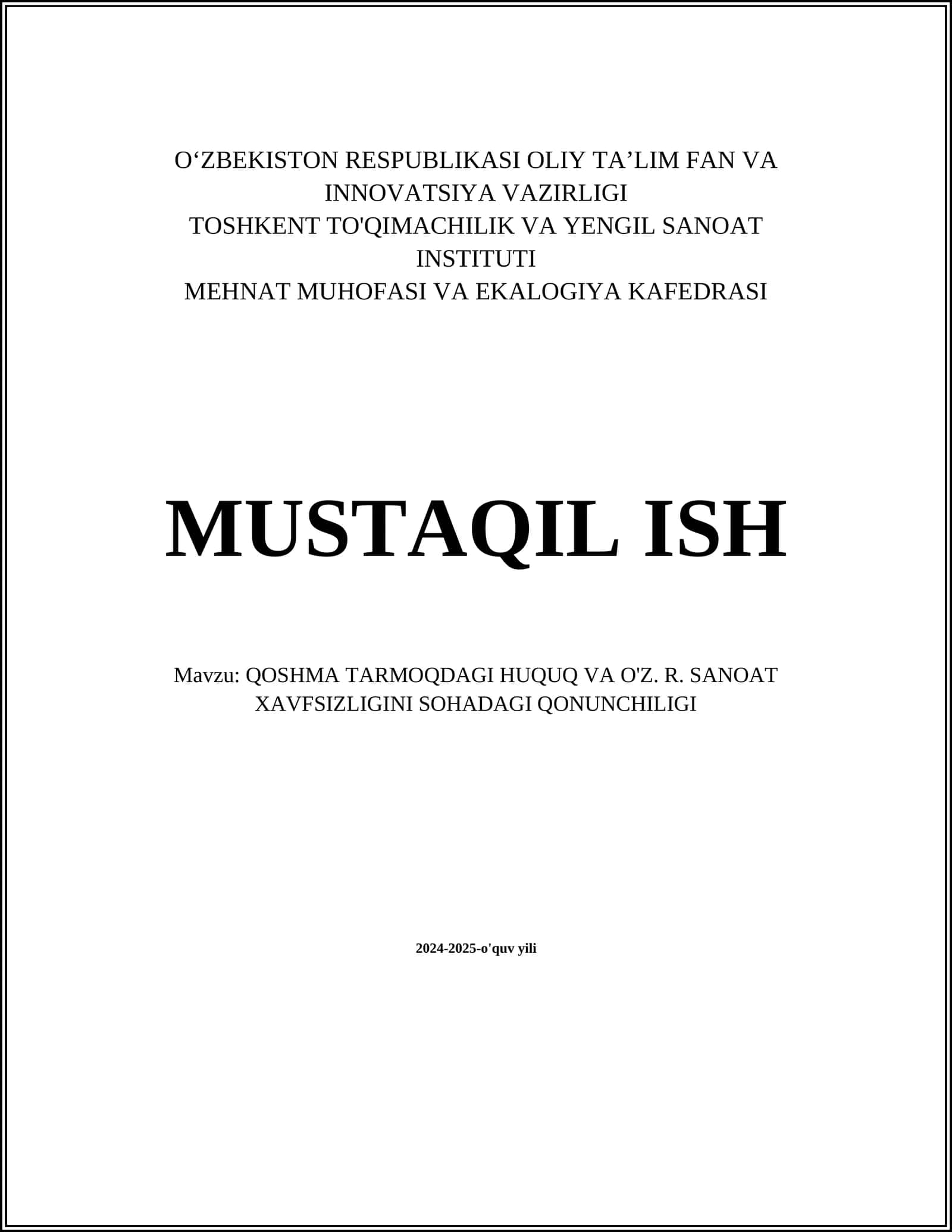 QOSHMA TARMOQDAGI HUQUQ VA O'Z. R. SANOAT XAVFSIZLIGINI SOHADAGI QONUNCHILIGI 1