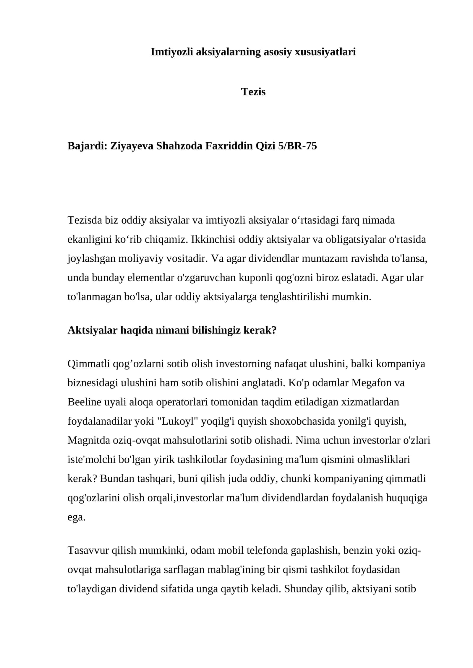 Imtiyozli aksiyalarning asosiy xususiyatlari 1