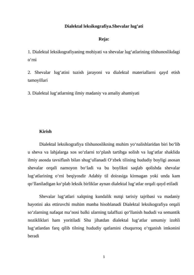 Dialektal leksikografiya.Shevalar lug’ati 1
