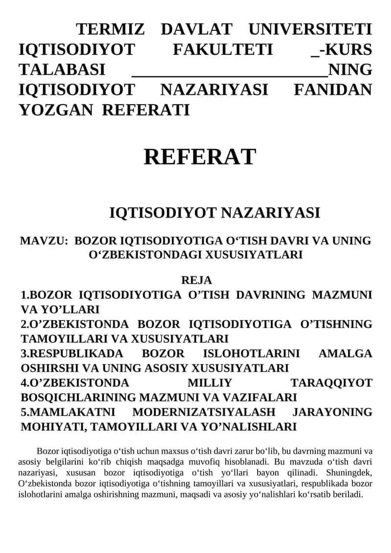 BOZOR IQTISODIYOTIGA O‘TISH DAVRI VA UNING O‘ZBEKISTONDAGI XUSUSIYATLARI 1