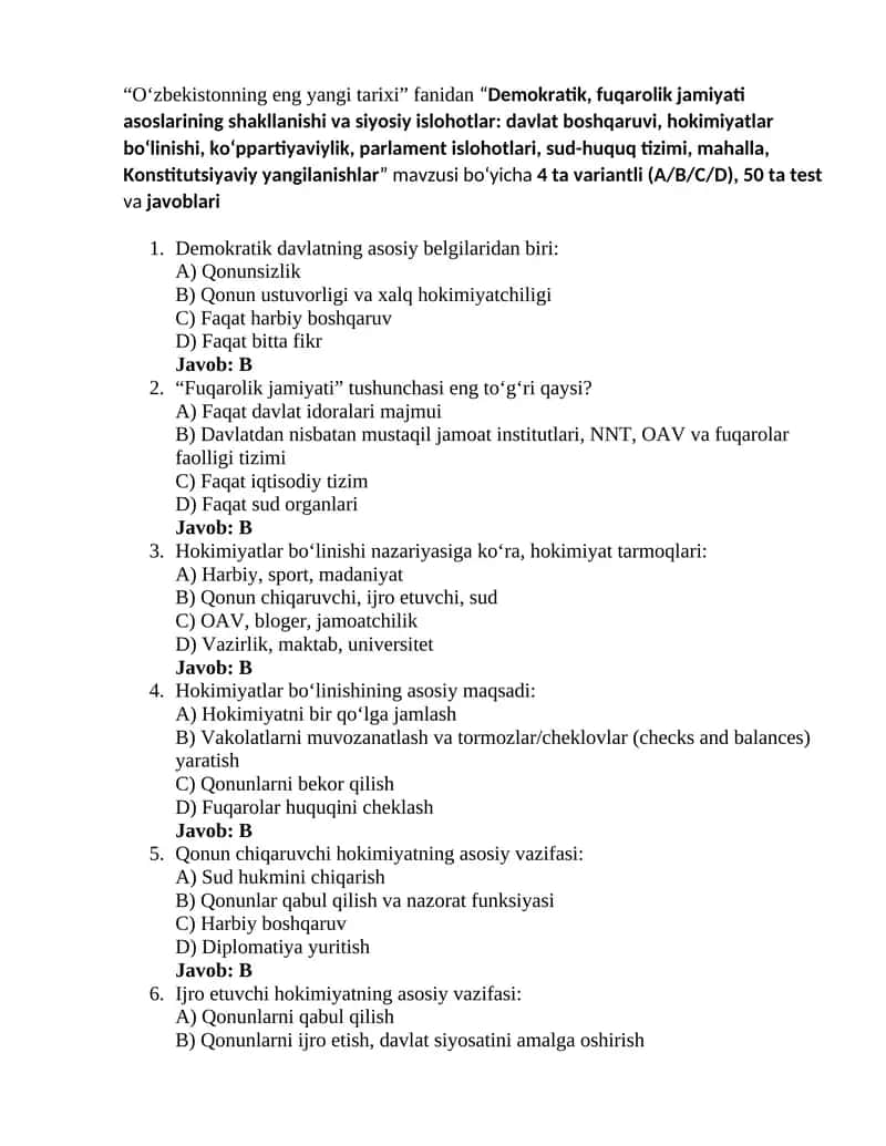 Oʻzbekistonning eng yangi tarixi 5-test 1