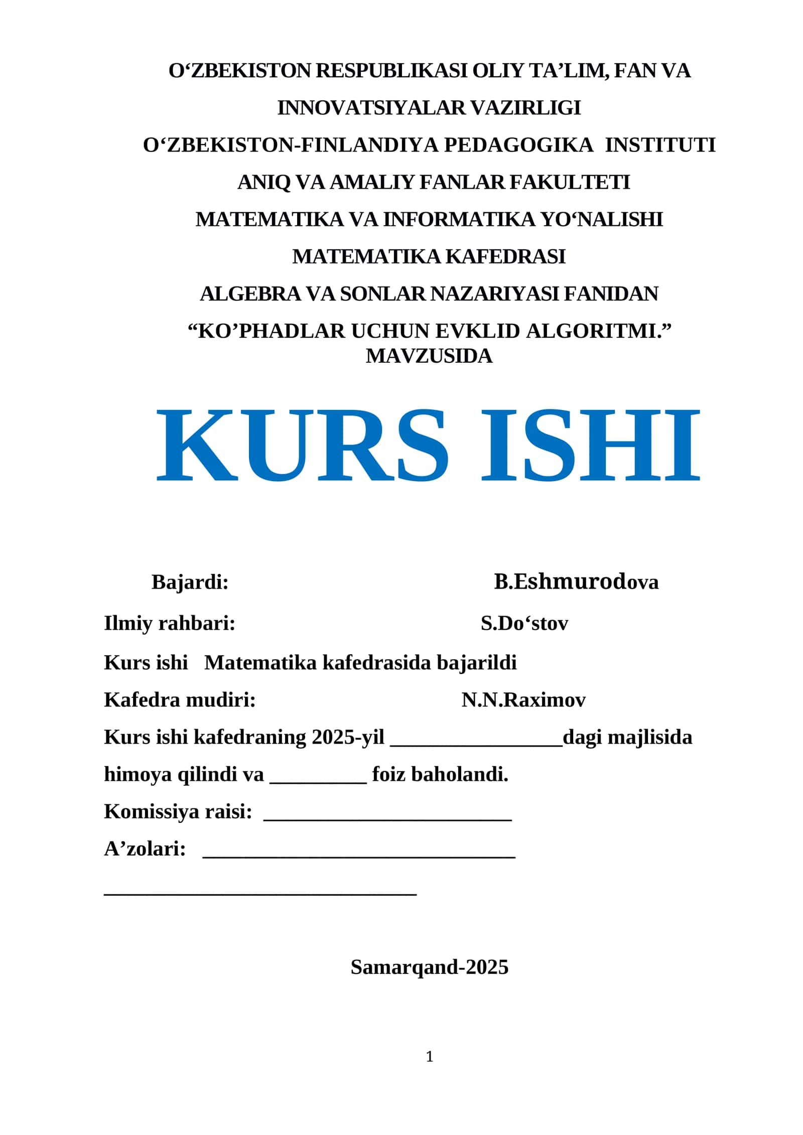 KO’PHADLAR UCHUN EVKLID ALGORITMI 1
