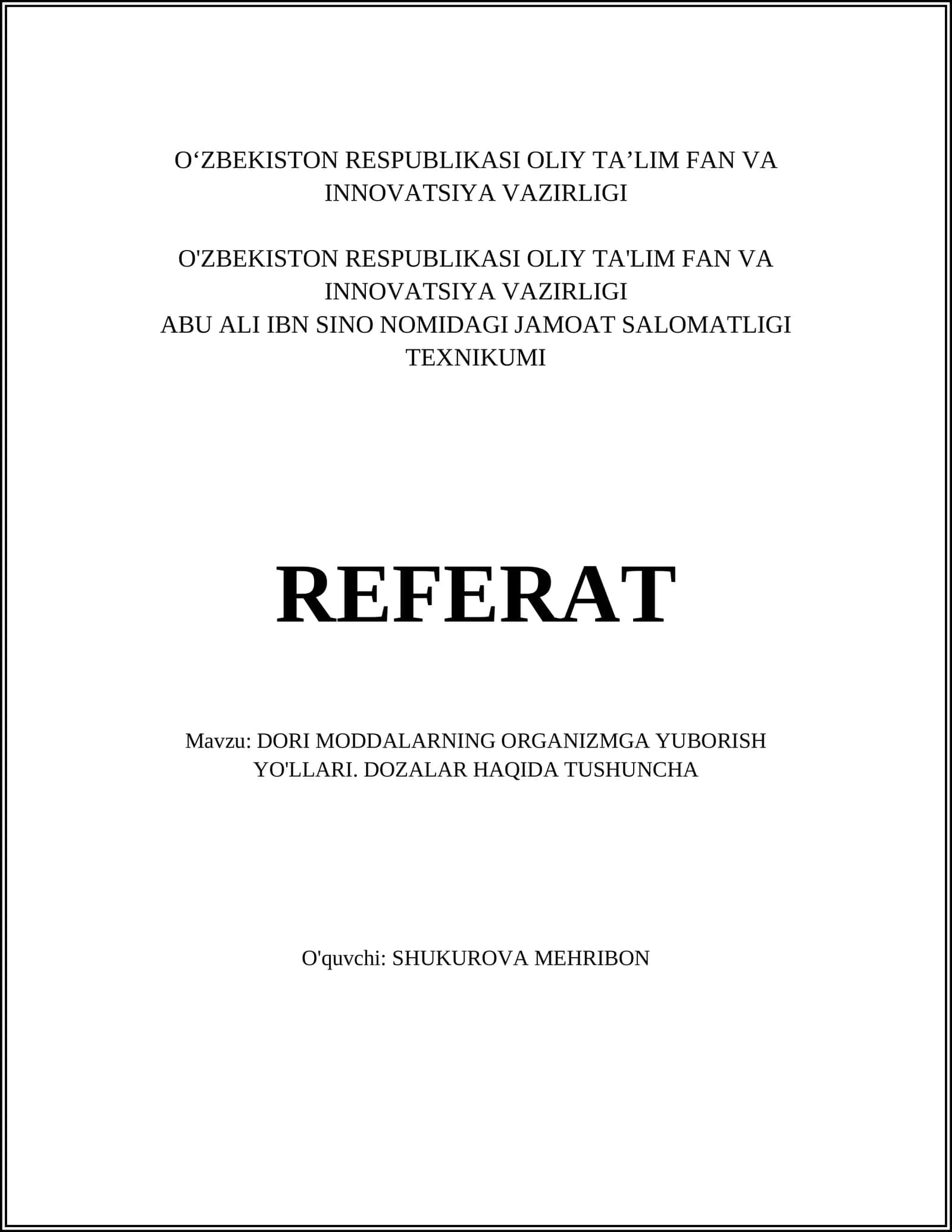 Dori moddalarning organizmga yuborish yo'llari: umumiy tasnif 1
