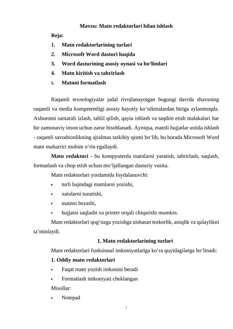 Matn redaktorlari bilan ishlash 1