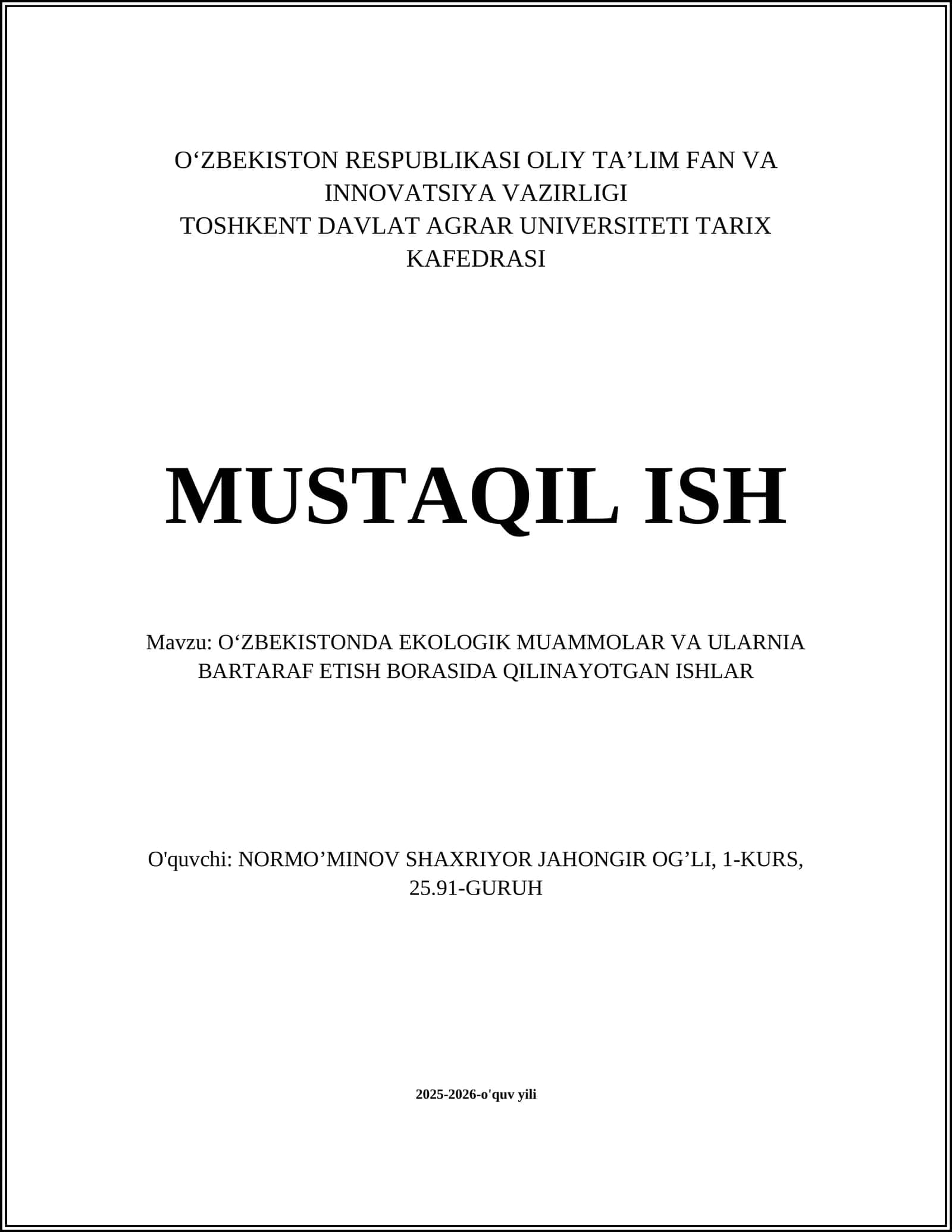 O‘ZBEKISTONDA EKOLOGIK MUAMMOLAR VA ULARNIA BARTARAF ETISH BORASIDA QILINAYOTGAN ISHLAR 1