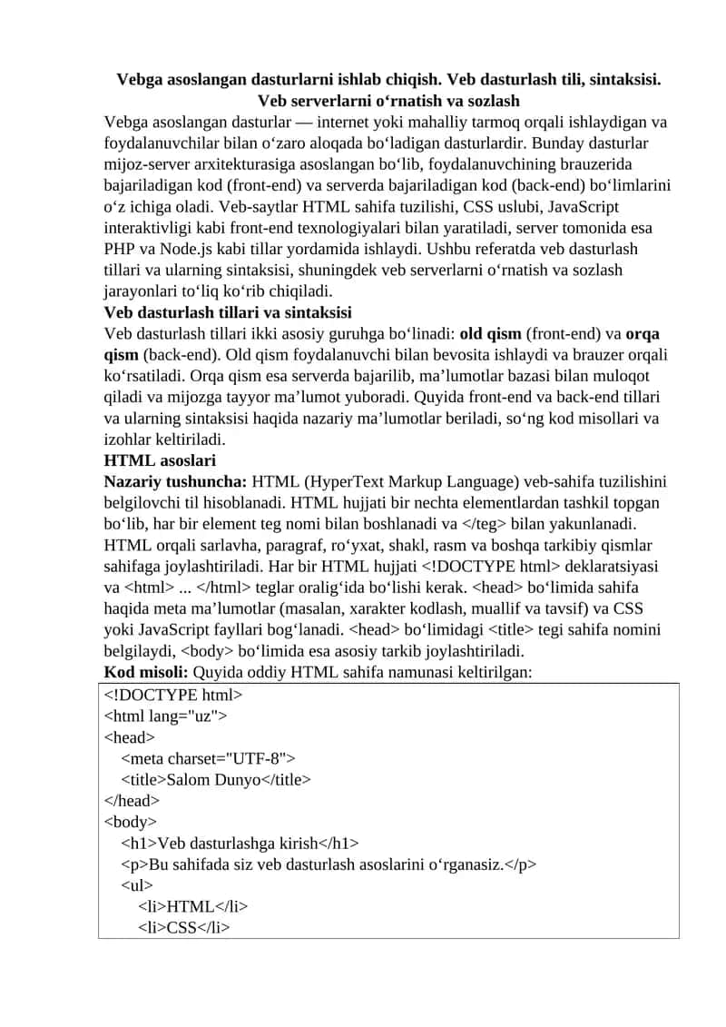 Veb dasturlash tillari va sintaksisi 1