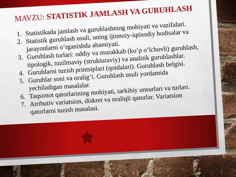 Statistik jamlash va guruhlash 1