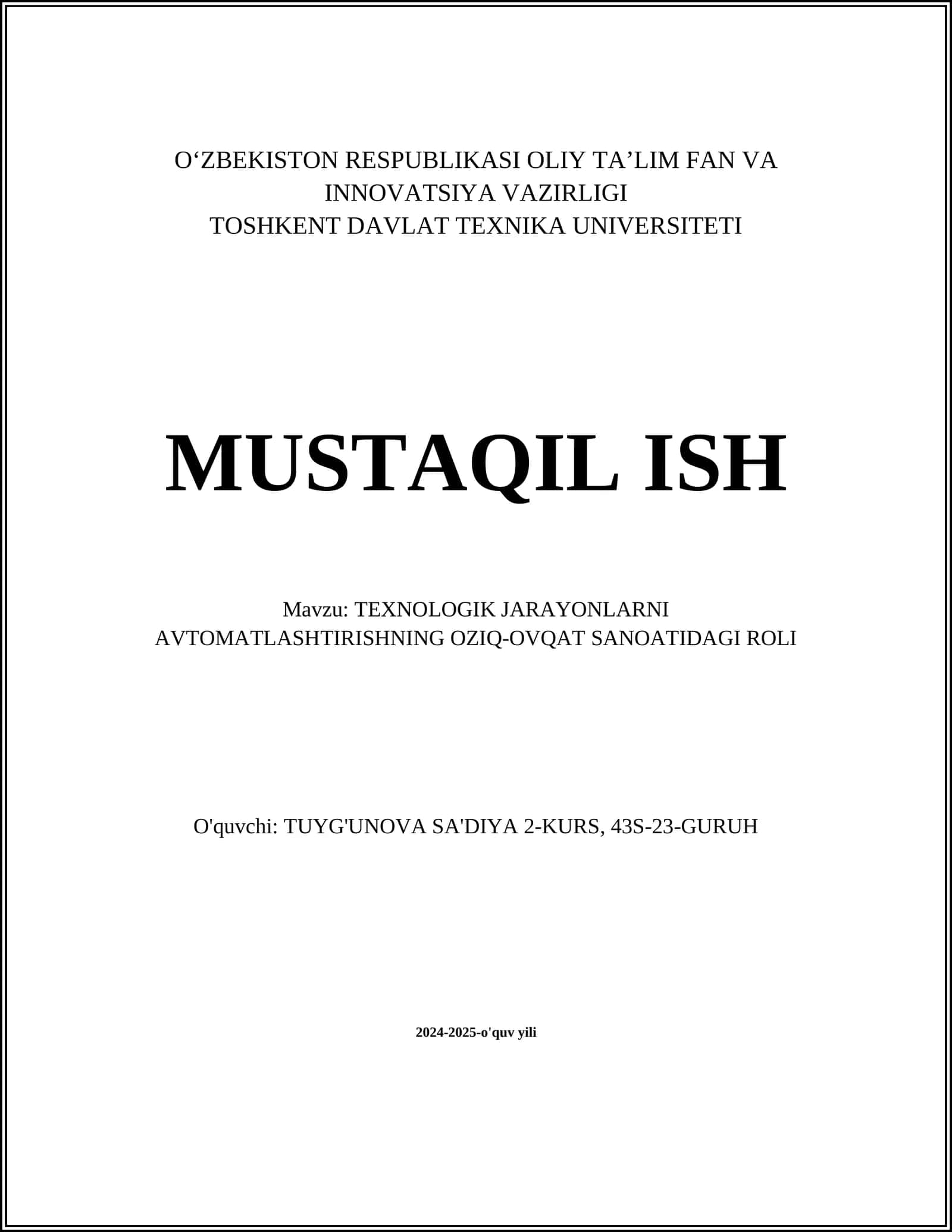 TEXNOLOGIK JARAYONLARNI AVTOMATLASHTIRISHNING OZIQ-OVQAT SANOATIDAGI ROLI 1