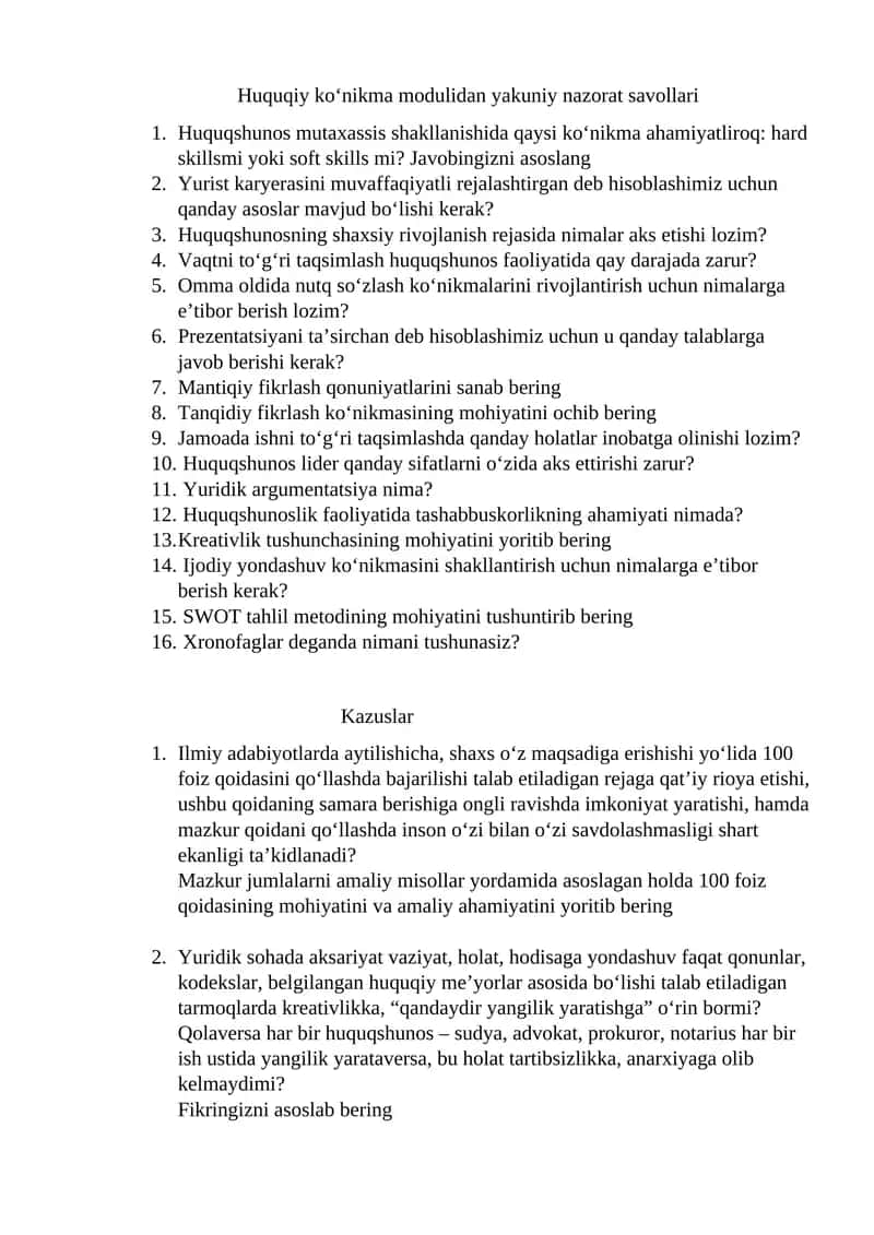 Huquqiy ko‘nikma modulidan yakuniy nazorat savollari 1