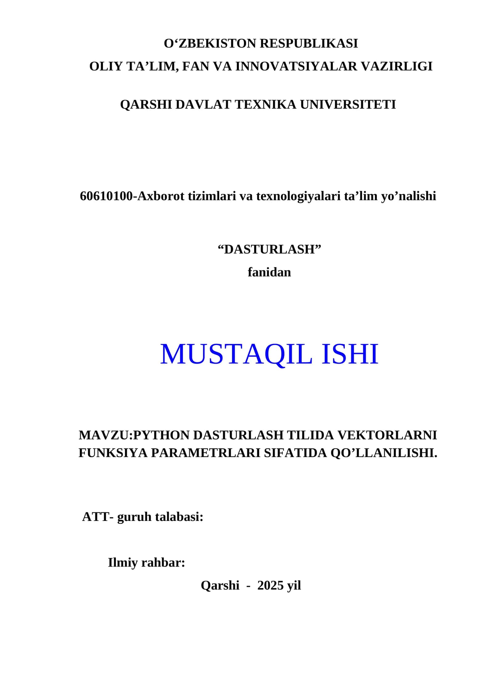PYTHON DASTURLASH TILIDA VEKTORLARNI FUNKSIYA PARAMETRLARI SIFATIDA QO’LLANILISHI 1