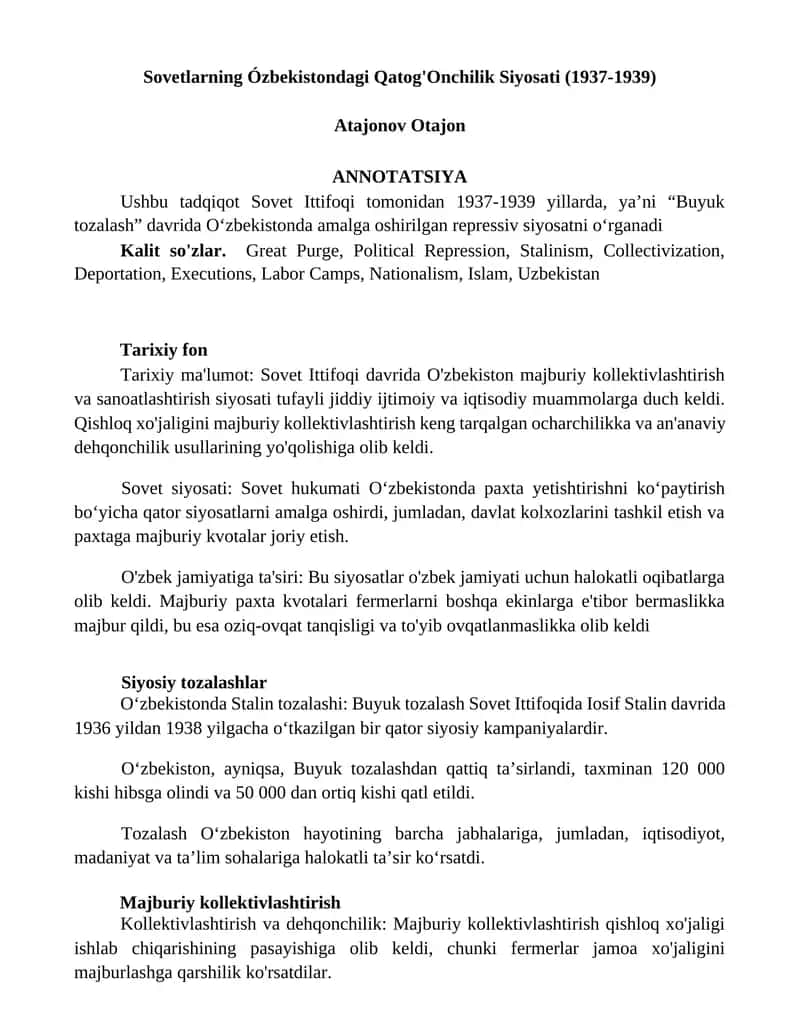 Sovetlarning Ózbekistondagi Qatog'Onchilik Siyosati (1937-1939) 1