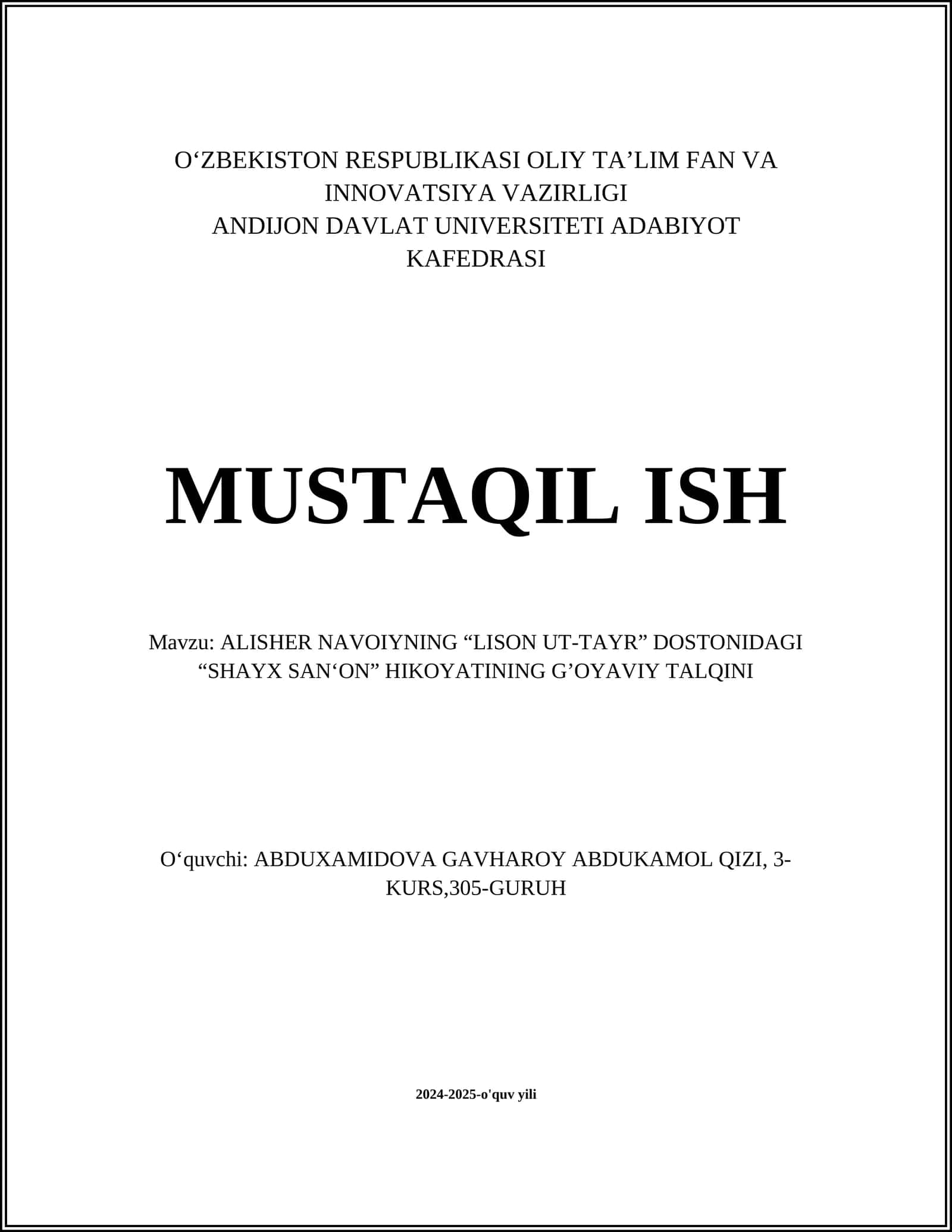 ALISHER NAVOIYNING “LISON UT-TAYR” DOSTONIDAGI “SHAYX SANʻON” HIKOYATINING G’OYAVIY TALQINI 1