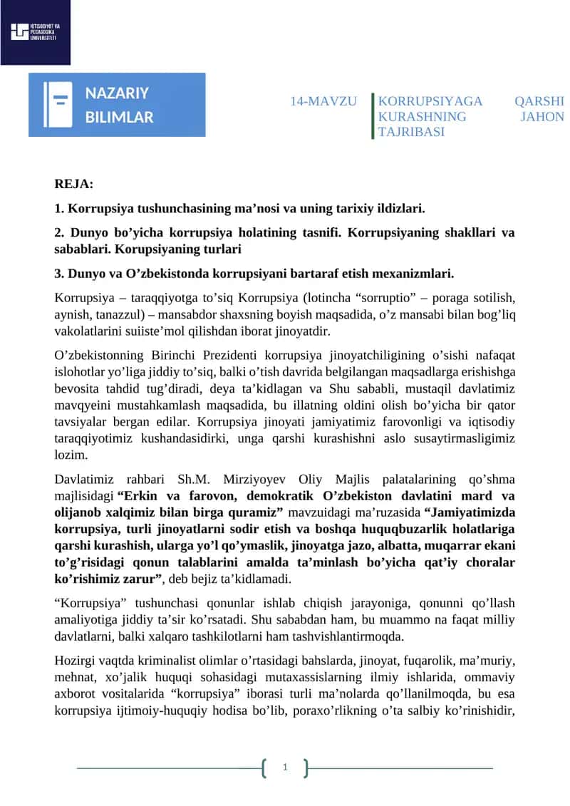 Korrupsiyaga qarshi kurashning jahon tajribasi 1