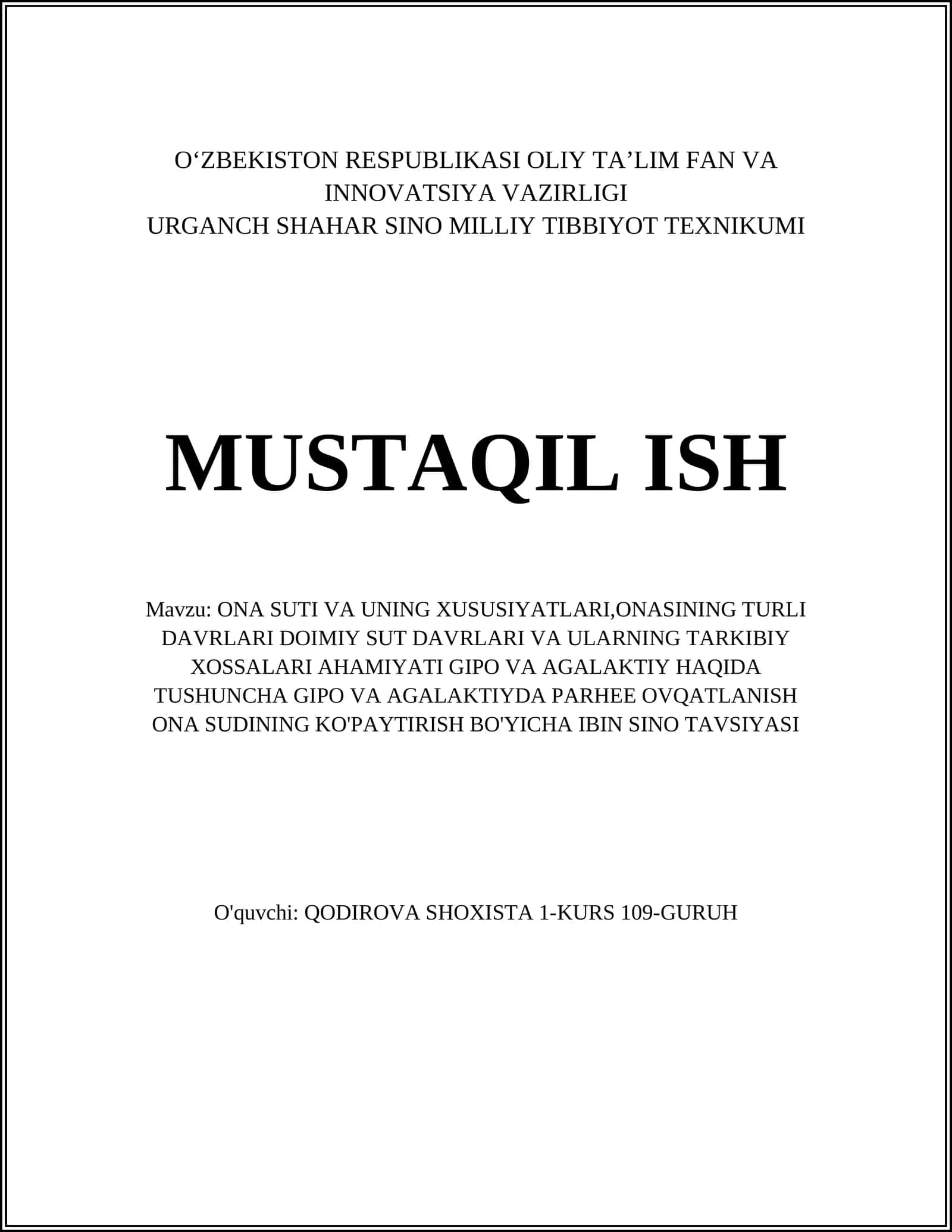 ONA SUTI VA UNING XUSUSIYATLARI,ONASINING TURLI DAVRLARI DOIMIY SUT DAVRLARI VA ULARNING TARKIBIY XOSSALARI AHAMIYATI GIPO VA AGALAKTIY HAQIDA TUSHUNCHA GIPO VA AGALAKTIYDA PARHEE OVQATLANISH ONA SUDINING KO'PAYTIRISH BO'YICHA IBIN SINO TAVSIYASI 1