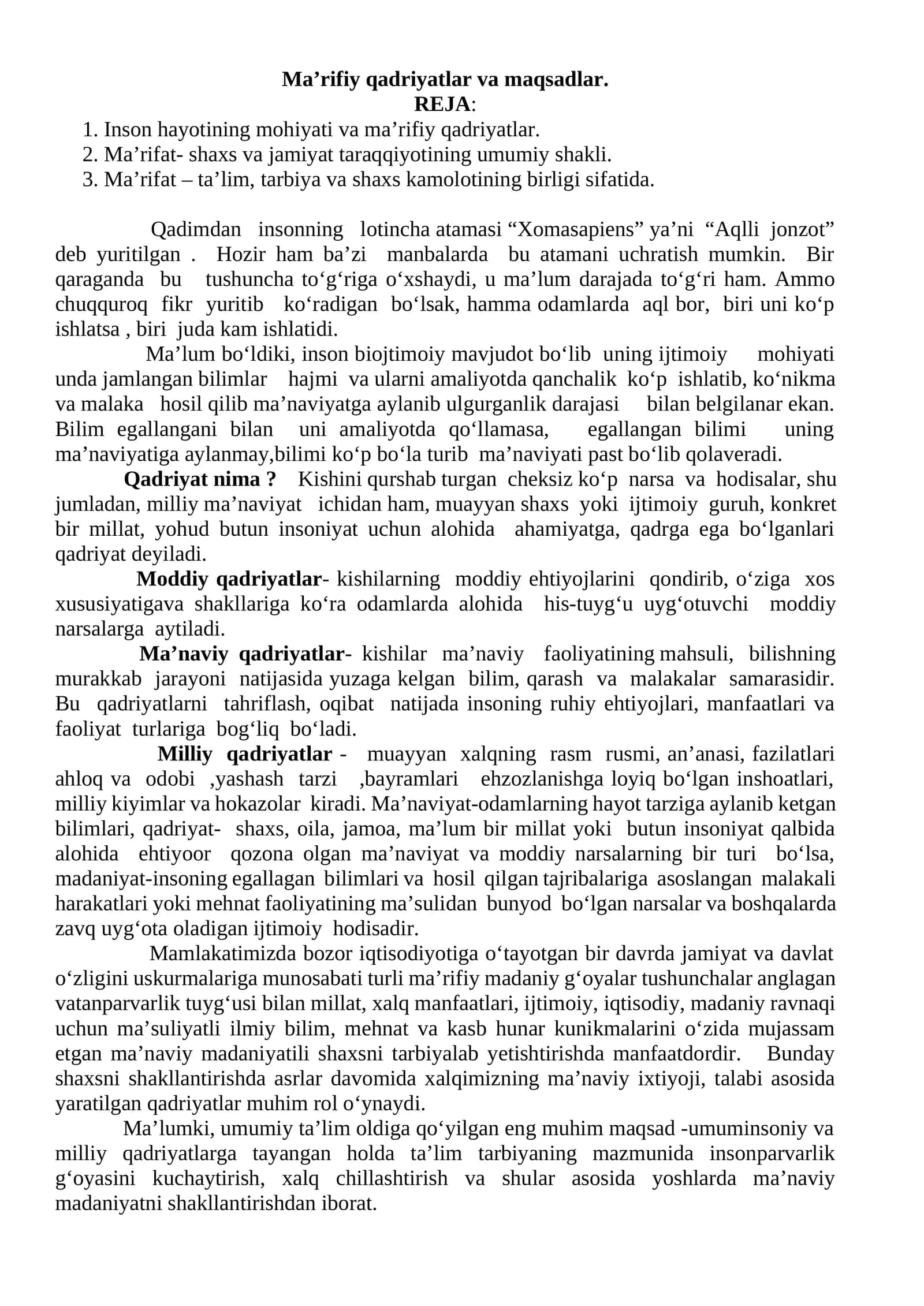 Ma’rifiy qadriyatlar va maqsadlar 1