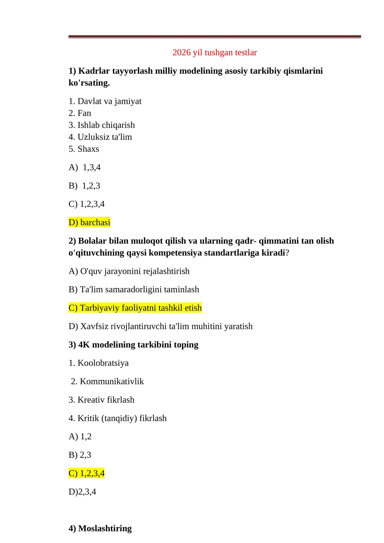 2026 yil attestatsiyaga toyfaga tushgan pedagogik mahoratdan testlar 1