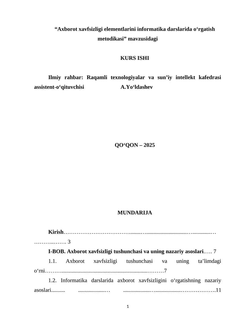 Axborot xavfsizligi elementlarini informatika darslarida o‘rgatish metodikasi 1