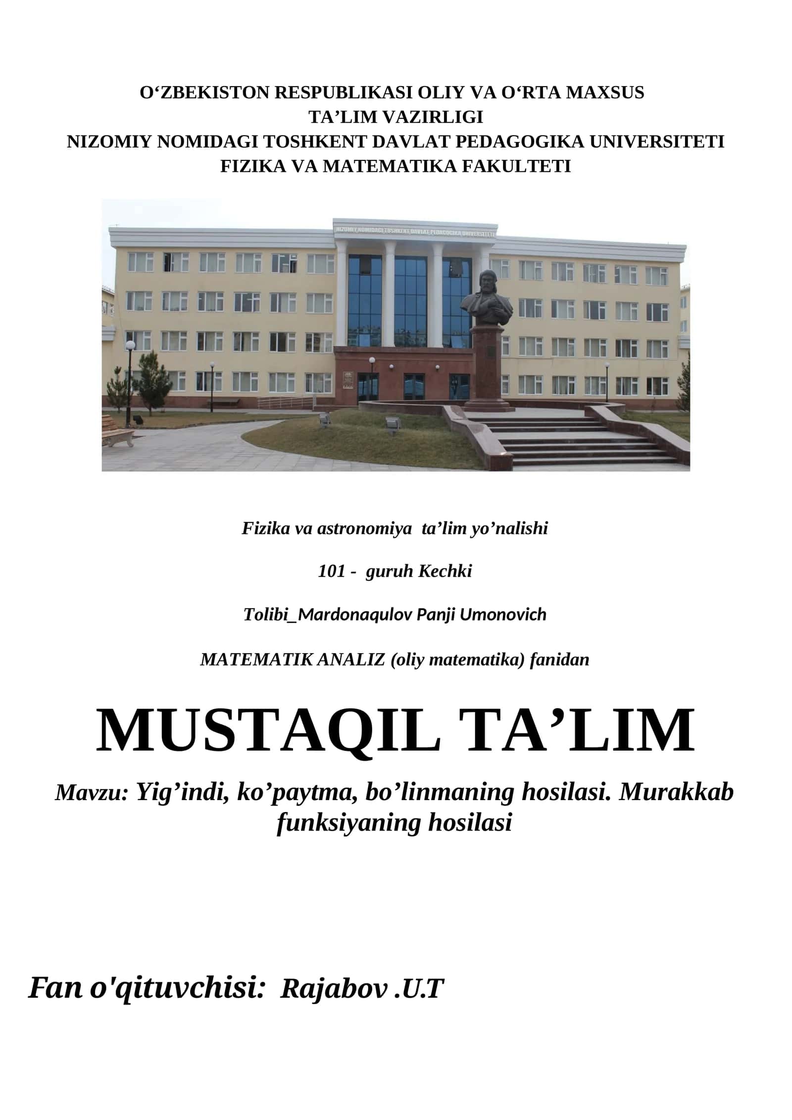 Yig’indi, ko’paytma, bo’linmaning hosilasi. Murakkab funksiyaning hosilasi 1