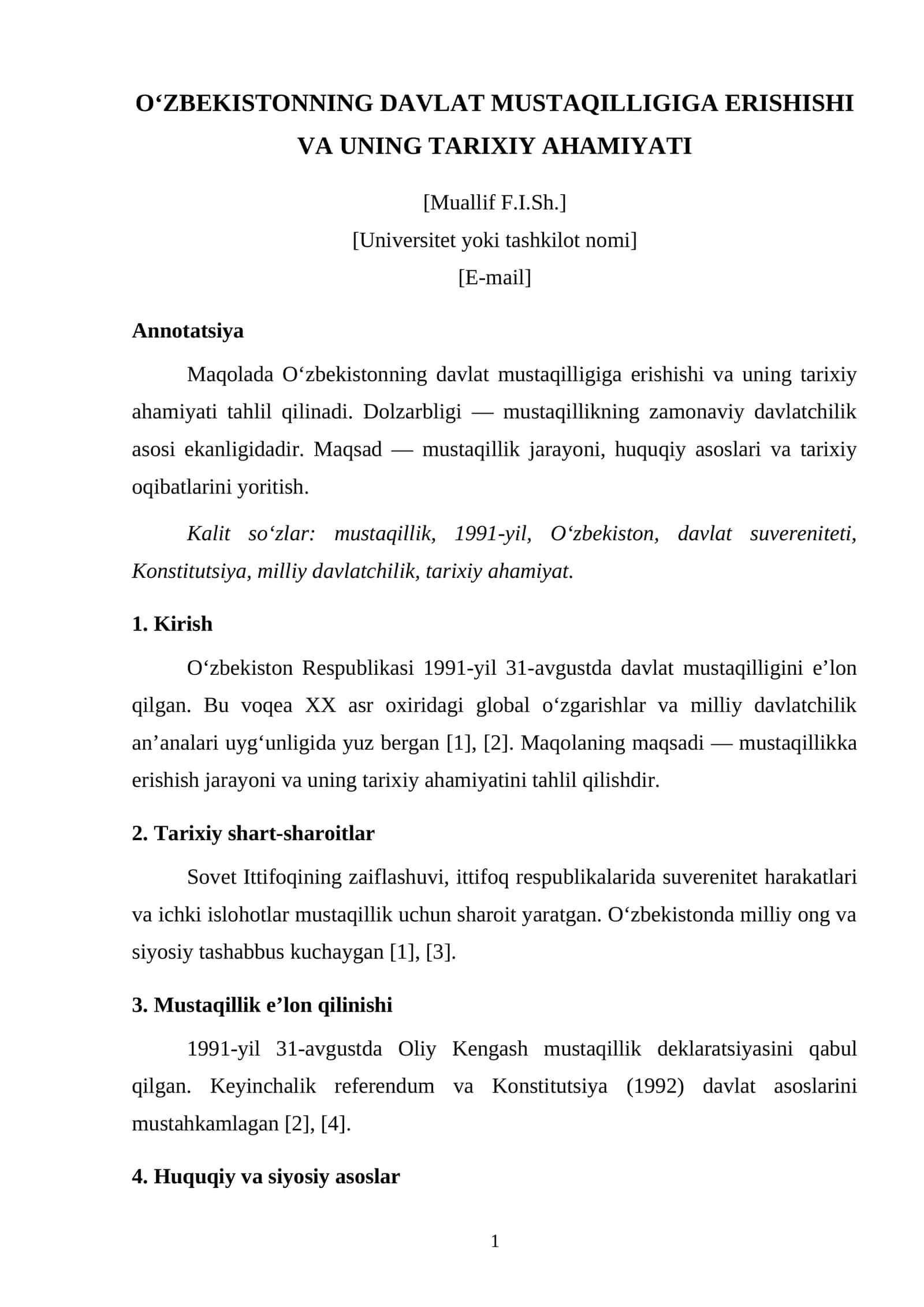 O‘ZBEKISTONNING DAVLAT MUSTAQILLIGIGA ERISHISHI VA UNING TARIXIY AHAMIYATI 1