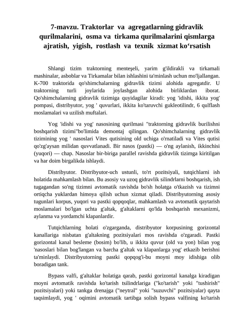 K-700 traktorida qo'shimchalarning gidravlik tizimi 1