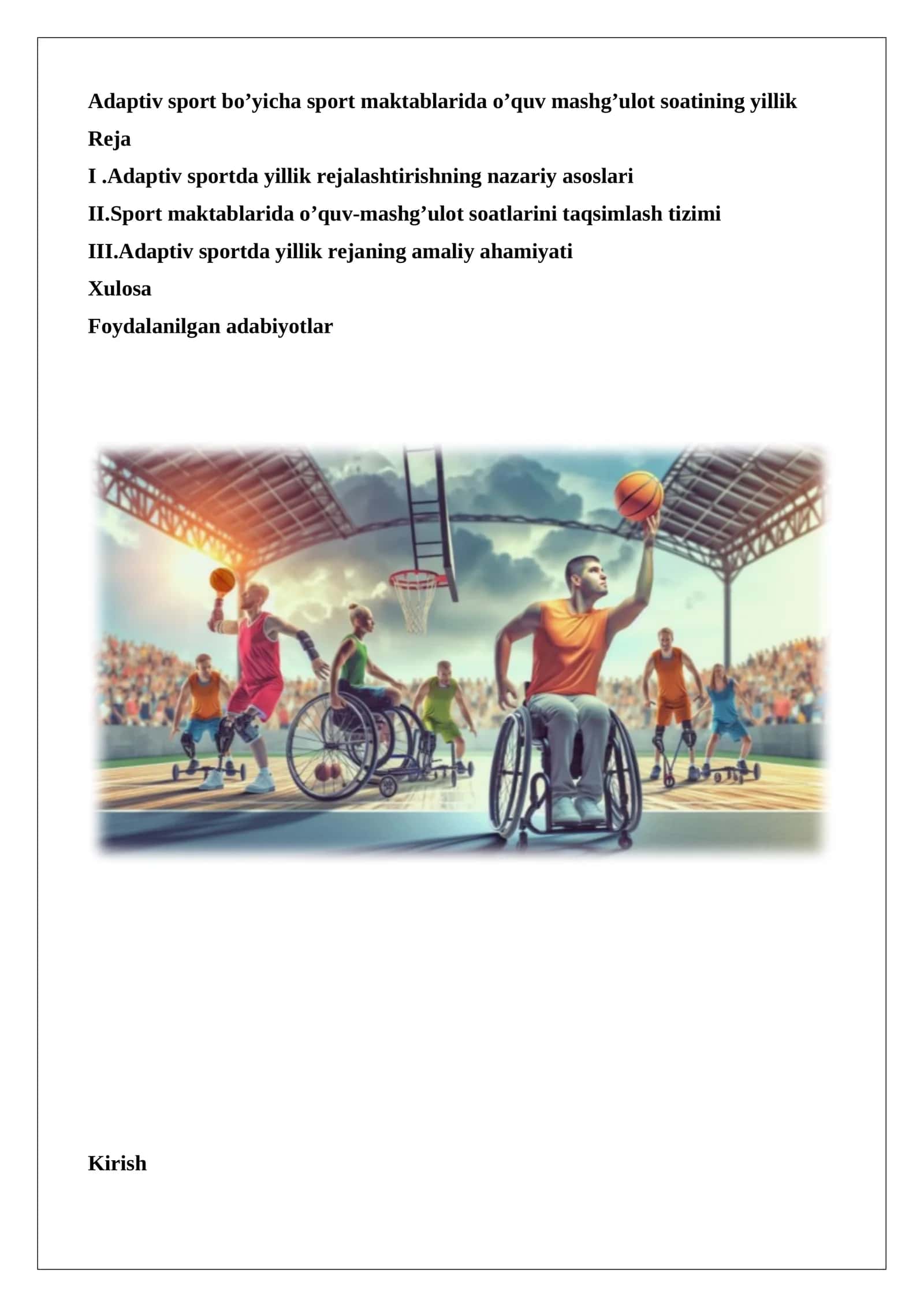 Adaptiv sport bo’yicha sport maktablarida o’quv mashg’ulot soatining yillik reja 1