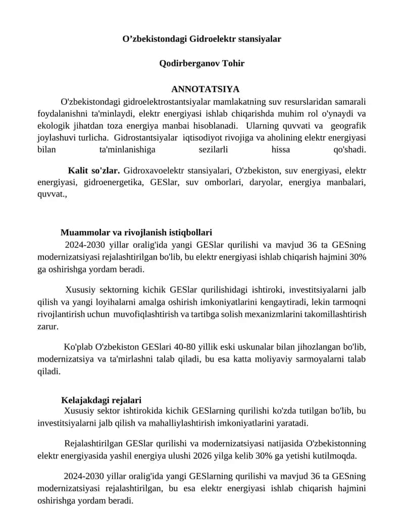 O’zbekistondagi Gidroelektr stansiyalar 1