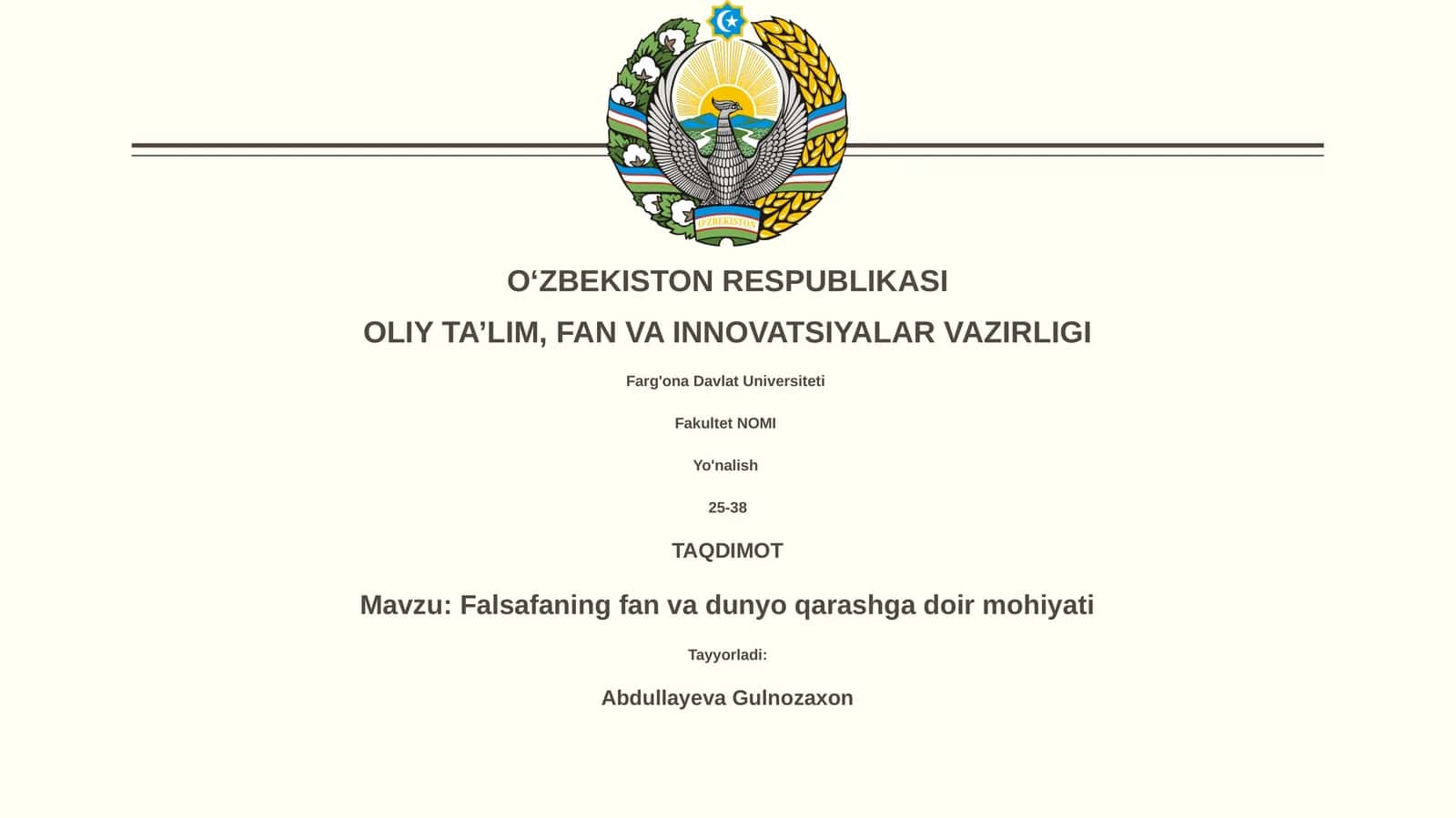 Falsafaning fan va dunyo qarashga doir mohiyati 1