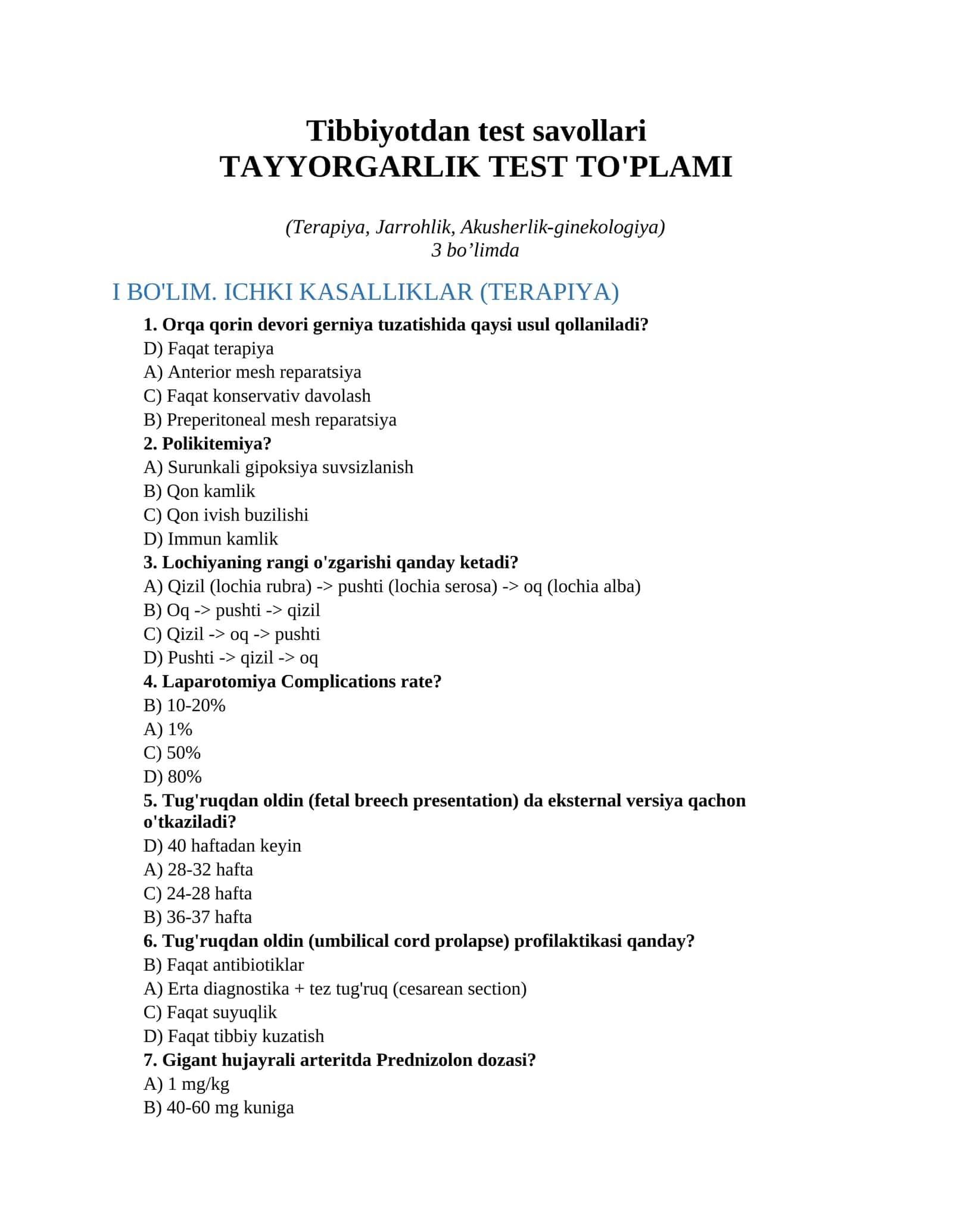 Tibbiyotdan test savollari 1