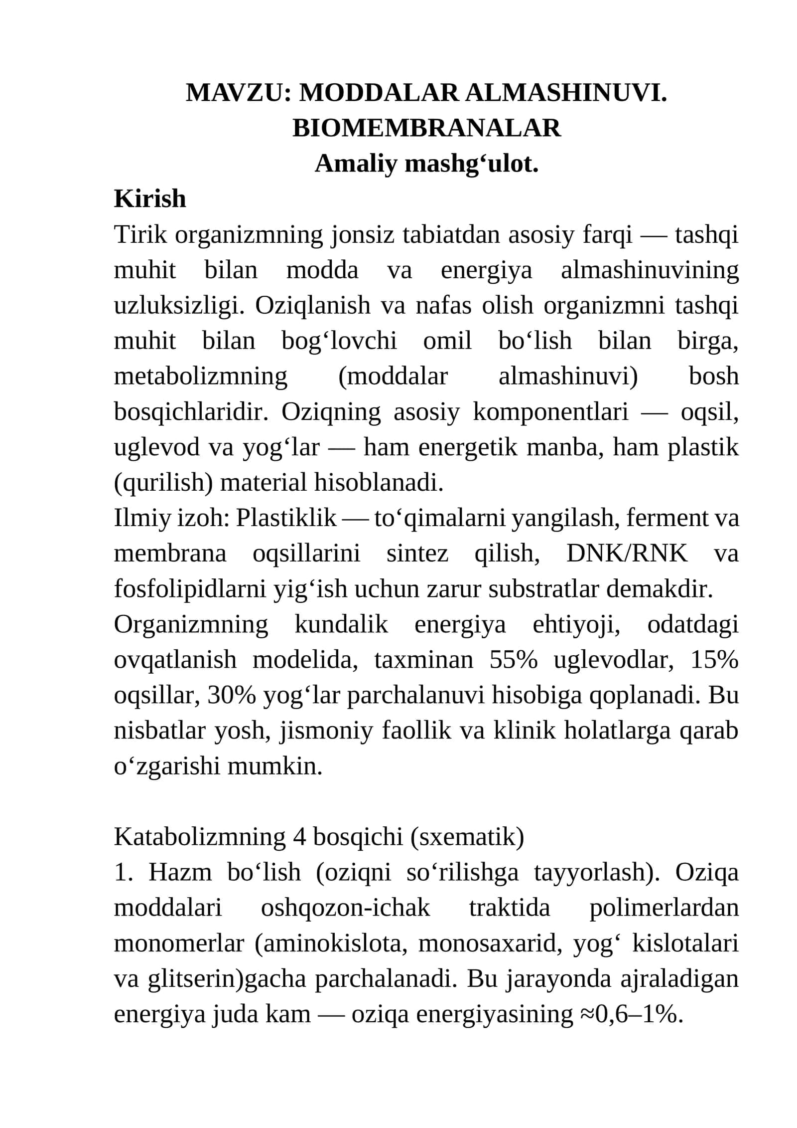 MODDALAR ALMASHINUVI. BIOMEMBRANALAR 1