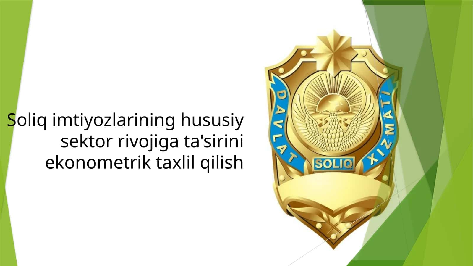 Soliq imtiyozlarining hususiy sektor rivojiga ta'sirini ekonometrik taxlil qilish (Prezentatsiya) 1