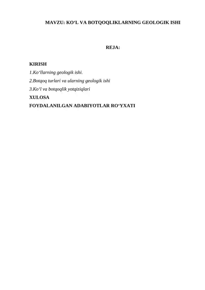 KO‘L VA BOTQOQLIKLARNING GEOLOGIK ISHI