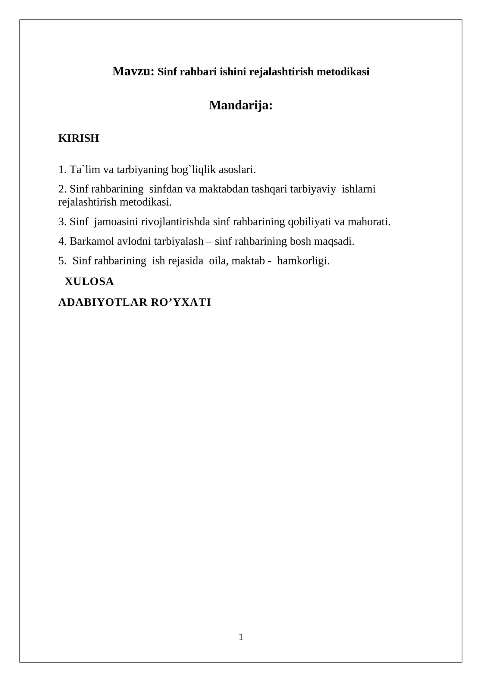 Sinf rahbari ishini rejalashtirish metodikasi 1
