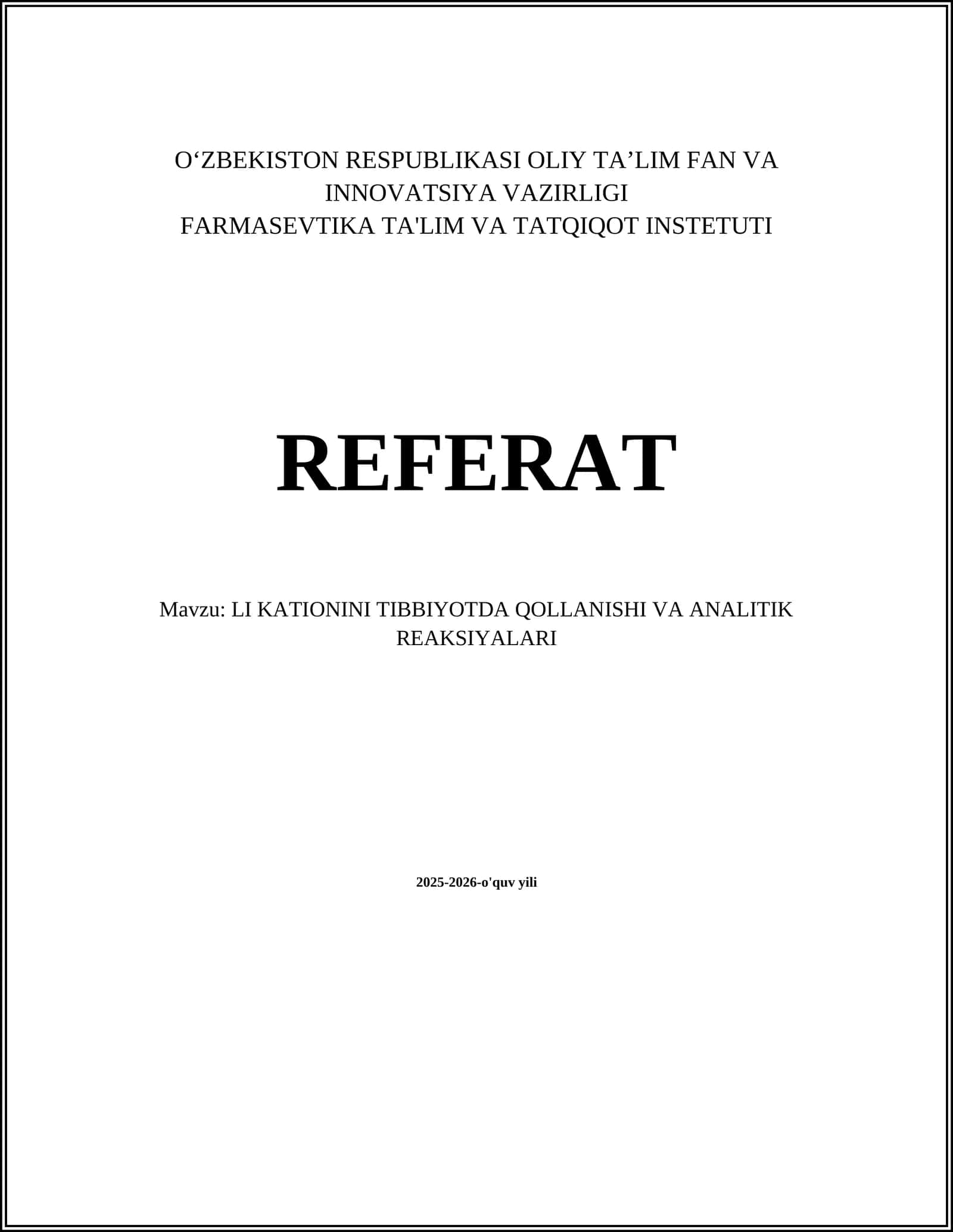 LI KATIONINI TIBBIYOTDA QOLLANISHI VA ANALITIK REAKSIYALARI 1