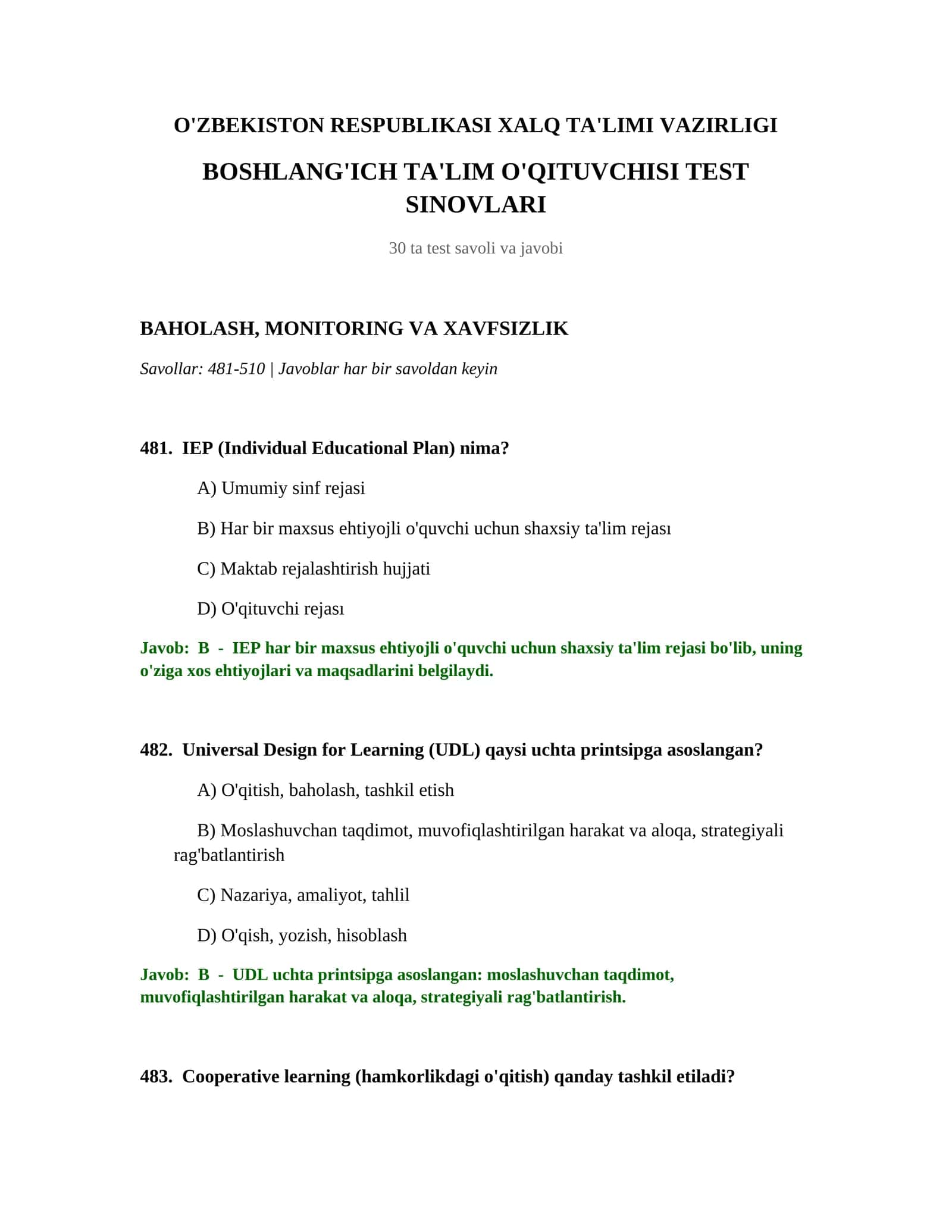 BOSHLANG'ICH TA'LIM O'QITUVCHISI TEST SINOVLARI 1