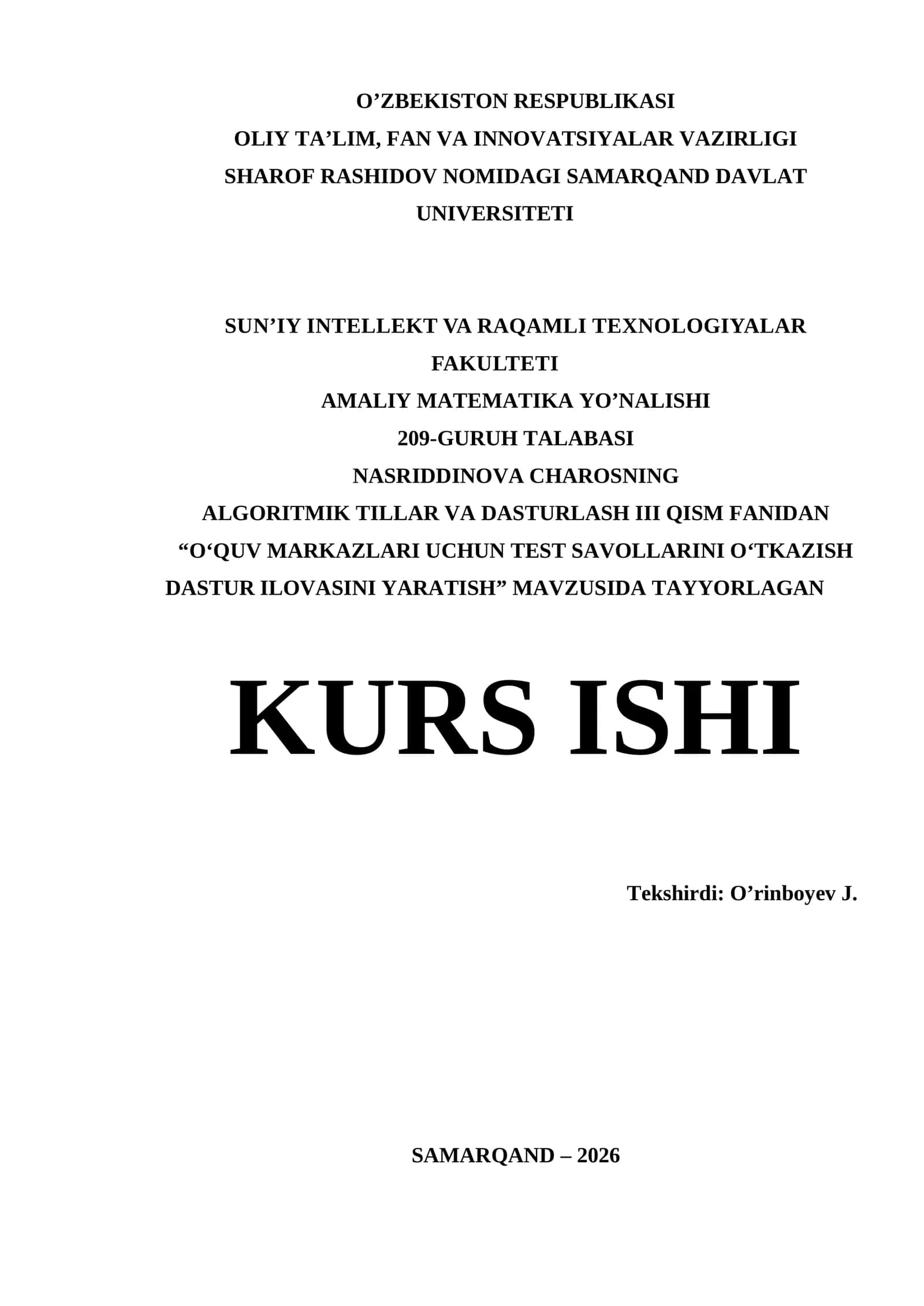 Visual Studio da Kurs ishi - OʻQUV MARKAZLARI UCHUN TEST SAVOLLARINI OʻTKAZISH DASTUR ILOVASINI YARATISH 1