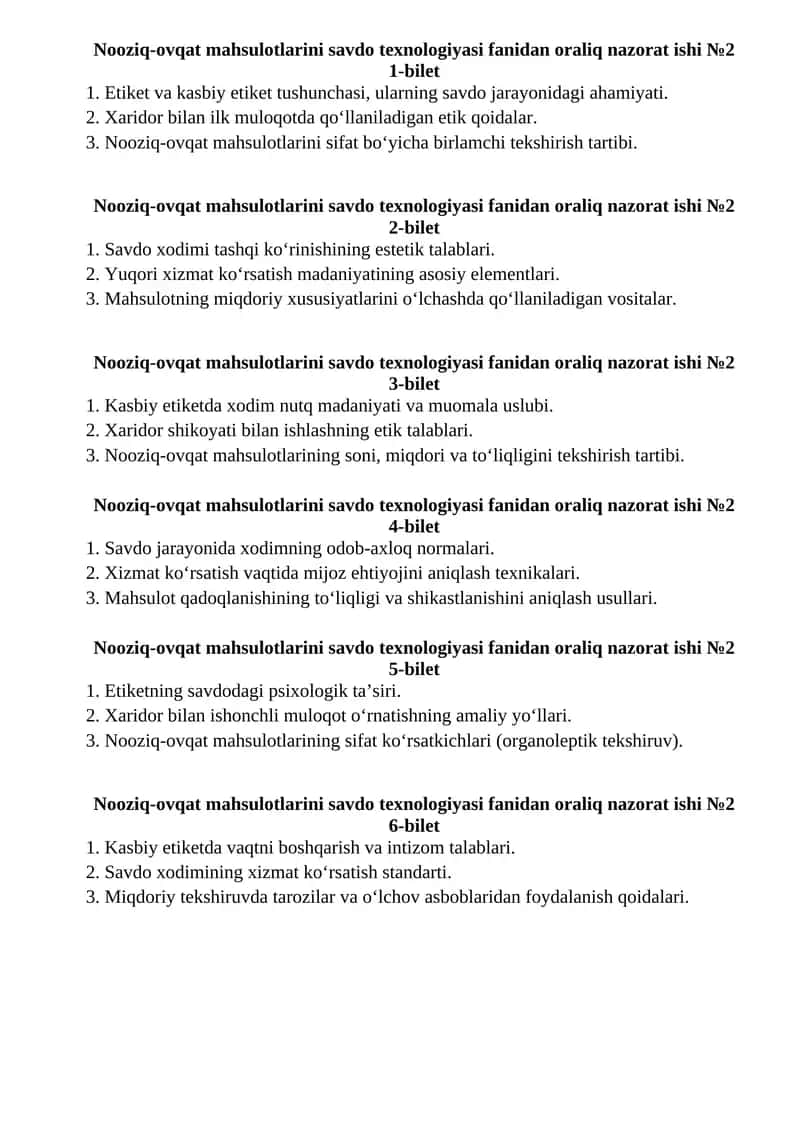 Nooziq-ovqat mahsulotlarini savdo texnologiyasi fanidan oraliq nazorat ishi №2 1